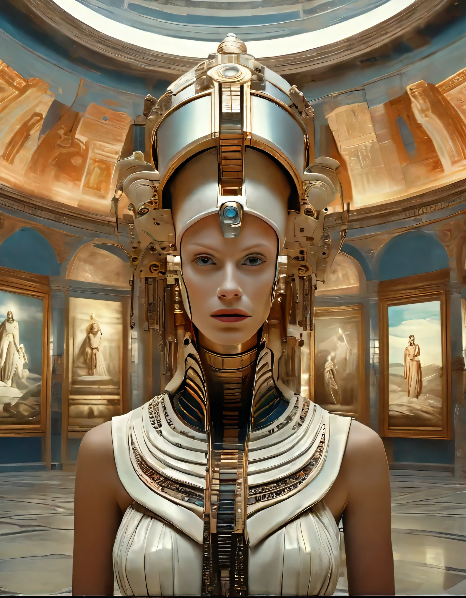 cinematic film still, close up, a robot woman stands tall, half-human half machine, amongst an ancient Greek gallery of paintings and marble, religious symbolism, quantum wavetracing, high fashion editorial, glsl shaders, semiconductors and electronic computer hardware, amazing quality, wallpaper, analog film grain, perfect face skin, concerned expression