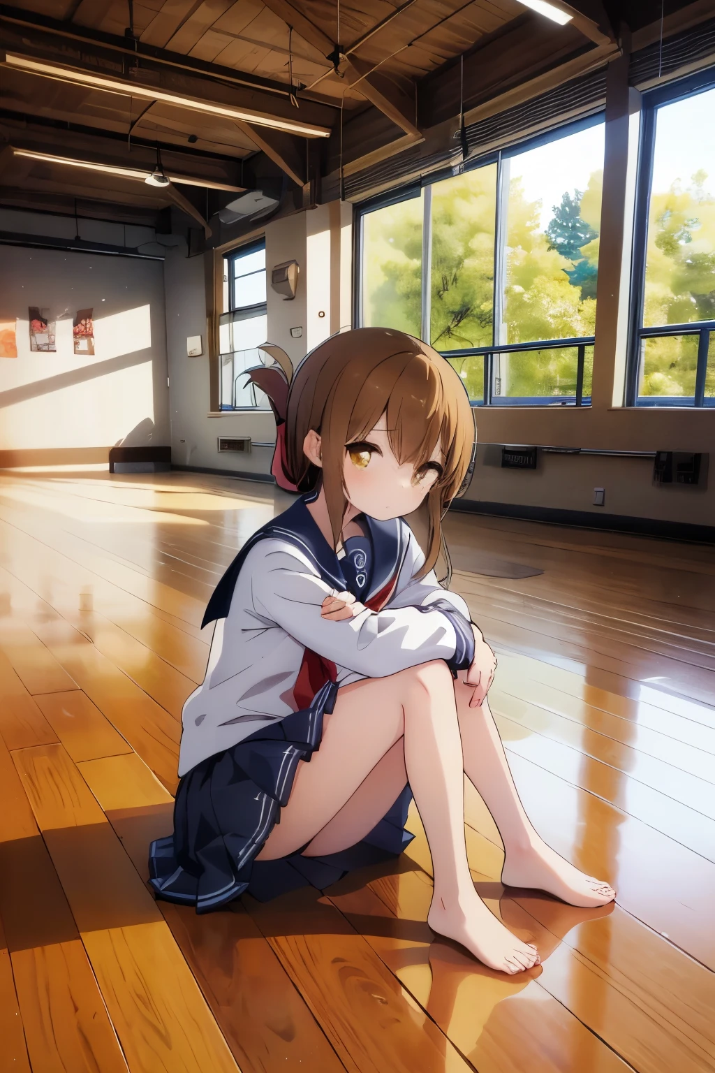 He was watching a class in the school gymnasium, feeling unwell and holding his knees.(masterpiece, best quality:1.2),illustration,8k,hd,1girl,solo,upper body,(portrait:1.2),brown_hair,folded_ponytail,brown_eyes,serafuku,long_hair,school_uniform,skirt,pleated_skirt,