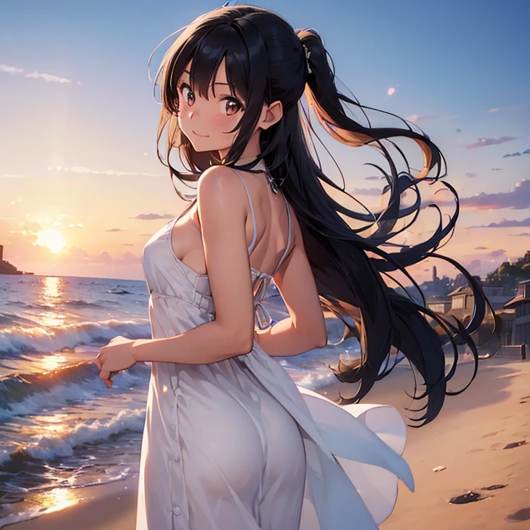  (((1girl))), slim body,short stature,small_breasts ,(20 years old),break,((white long dress)),break,beautiful background,semi long hair, perfect lighting,narusawa,half lips,cowboy shot,kindness smile,sunset,back shot,shiny skin,(face-blush:0.7),in beach,