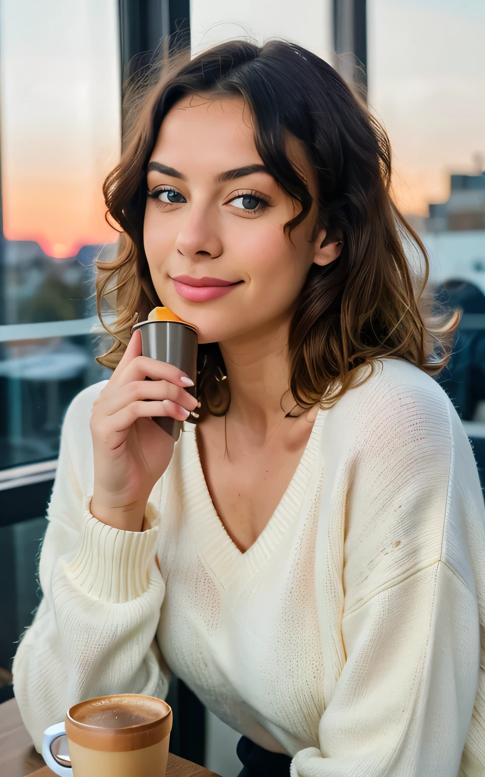 Beautiful blonde in sweater (Drinking coffee in modern cafe at sunset), Very detailed, 14 years old, Innocent face, Natural Curls, blue eyes, High resolution, masterpiece, Best quality, Intricate details, Very detailed, Sharp focus, Delicate skin, actuale Hauttextur, texture, Delicate eyes, professional, 4K, Charming smile, Shot with Canon, 85 mm, Optical Depth of Field, Kodak Vision Color, Perfect fit, Extremely detailed, photo_\(extremist\), fotoactual, actual, Post-Processing, Maximum details, Roughness, real life, extremistactual, photorealismus, photografie, 8K Ultra HD, photografie