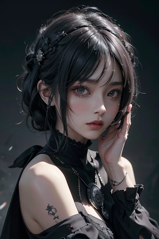 Crow in the shoulder,top-quality、8K、masterpiece:1.3、Gothic punk、Red inner color、A grey dark-haired、hair adornments、a beauty girl、creative、dark fantasy style、Neogos、Goth Fashion:1.2、hight resolution、masterpiece、top-quality、headw:1.3、((Hasselblad photo))、Fine-grained skin、Sharp Focus、(lighting like a movie)、Realistic texture m hair, black crow