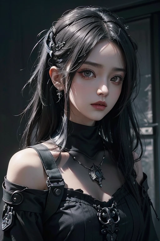 Crow in the shoulder,top-quality、8K、masterpiece:1.3、Gothic punk、Red inner color、A grey dark-haired、hair adornments、a beauty girl、creative、dark fantasy style、Neogos、Goth Fashion:1.2、hight resolution、masterpiece、top-quality、headw:1.3、((Hasselblad photo))、Fine-grained skin、Sharp Focus、(lighting like a movie)、Realistic texture m hair, black crow