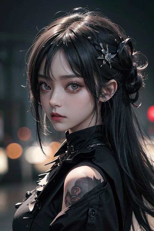 Crow in the shoulder,top-quality、8K、masterpiece:1.3、Gothic punk、Red inner color、A grey dark-haired、hair adornments、a beauty girl、creative、dark fantasy style、Neogos、Goth Fashion:1.2、hight resolution、masterpiece、top-quality、headw:1.3、((Hasselblad photo))、Fine-grained skin、Sharp Focus、(lighting like a movie)、Realistic texture m hair, black crow