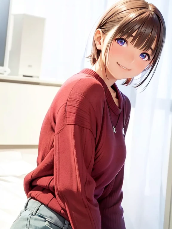 High resolution,In 8K,highest quality,detailed,Semi-realistic anime,Anime 3D Style,Smooth anime CG,One Girl,19-year-old woman in Japan,slim,Modeled,Shiny brown hair,Shortcuts,detailedな顔,Beautiful and detailed,Glowing Skin,Dark red knitwear,straggling hair,Angelic hairstyle,(Small breasts),((Deep dark blue-purple eyes)),(((Looking at the camera))),((Open your mouth a little wider)),((smile))