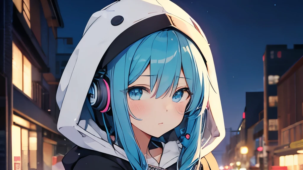 　Tsundere　Main female　The background is blurred　Draw only the upper body　Blue Hair Woman　Style artwork of Gwyze with headphones、Beautiful Anime、 alone　Gwys、Beautiful Anime girl、Beautiful Anime girl、Turquoise hair anime girl、Anime Style。8k、Bowwater Art Style、Beautiful digital illustrations、Beautiful character drawings,  LOFI Girl, Lo-fi art style,, Halfbeak, Anime atmosphere, 富士フイルムと混ぜたAnime Style, Digital anime illustration, anime wallpaper 4k　Girl wearing headphones 　Downtown at night　dark cityscape　Wearing a hood　Ghost Town　