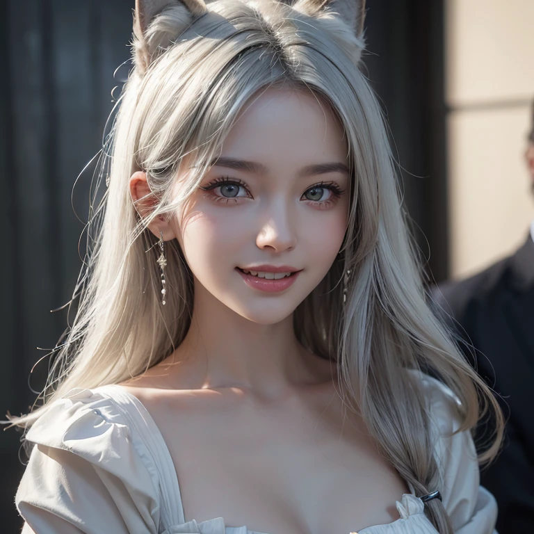 Dark ambiance,Mid century london inthe background、white wolf、 ((highest quality、masterpiece、8k、best image quality、ultra high resolution、Award-winning work)、(accurate anatomy:1.1)、(look at me and smile:1.1)、Shining fair skin with ultra high resolution、most detailed face、ultra high resolution detailed face、white short hair flowing 、Beautiful face drawn in every detail、(blurred background:1.1)、traditional Georgia man costume, tiny breast, real wolf beside the girl