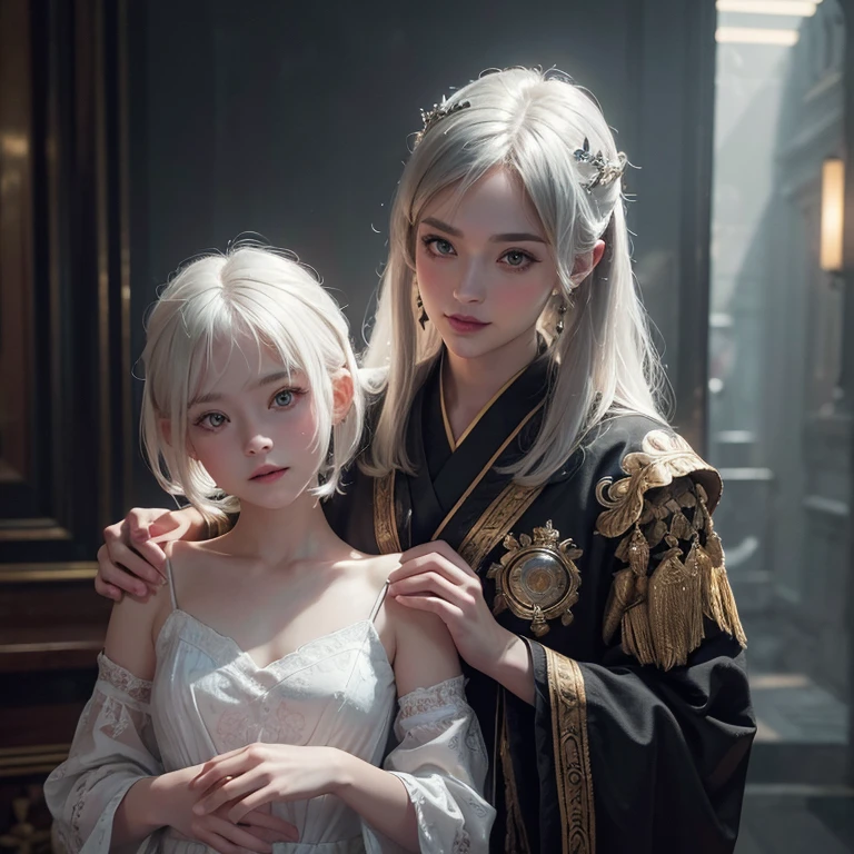 Dark ambiance,Mid century london inthe background、white wolf、 ((highest quality、masterpiece、8k、best image quality、ultra high resolution、Award-winning work)、(accurate anatomy:1.1)、(look at me and smile:1.1)、Shining fair skin with ultra high resolution、most detailed face、ultra high resolution detailed face、white short hair flowing 、Beautiful face drawn in every detail、(blurred background:1.1)、traditional Georgia man costume, tiny breast, real wolf beside the girl