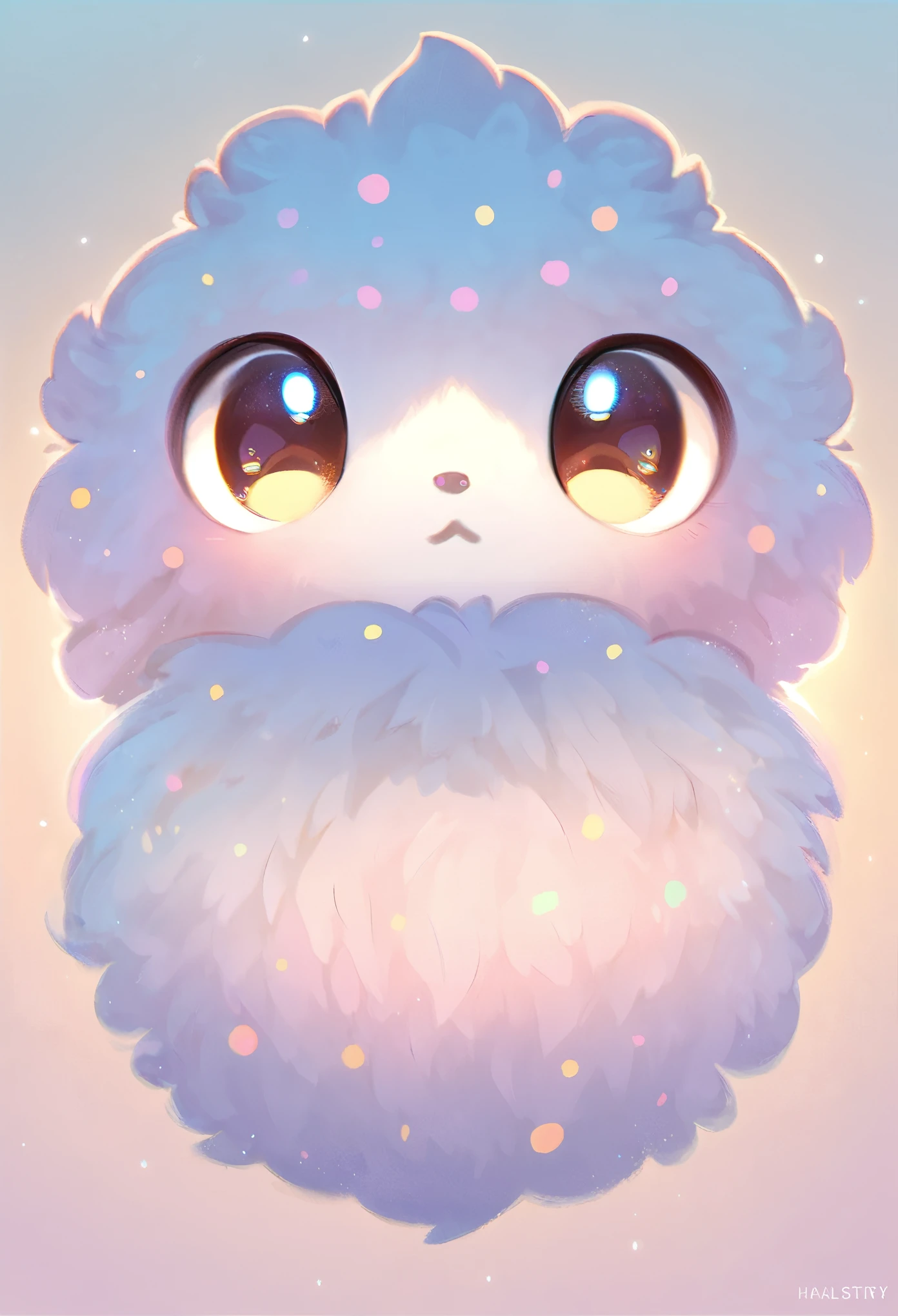 best quality, masterpiece, fluffy, mysterious and cute creature that looks like a round hairball, big shining eyes, background pastel colors dots