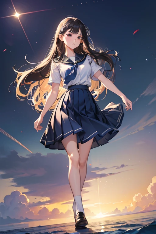 (extremely detailed CG:1.2), (masterpiece:1.2), (best quality:1.2),,((absurdres)),looking at viewer,full body, ,(1girl),solo,(long hair),(mathayom uniform),(white shirt short sleeves),(navy_blue pleated skirt),(long skirt),dynamic angle,standing,dynamic pose,((Delicate facial features)),,
