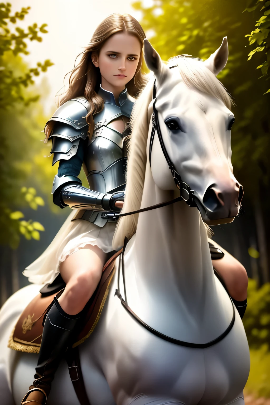girl rides horse (best quality,highres:1.2),ultra-detailed,realistic,moonlight,lit ,dense mist,dreadfully beautiful,night, trees,((lol: 1.2 + Galen: 1.3), realistic art style), HD, dynamic angle, dynamic pose, summer, sweat, white cloth, metal armor, real texture, fine details, watercolor polish.