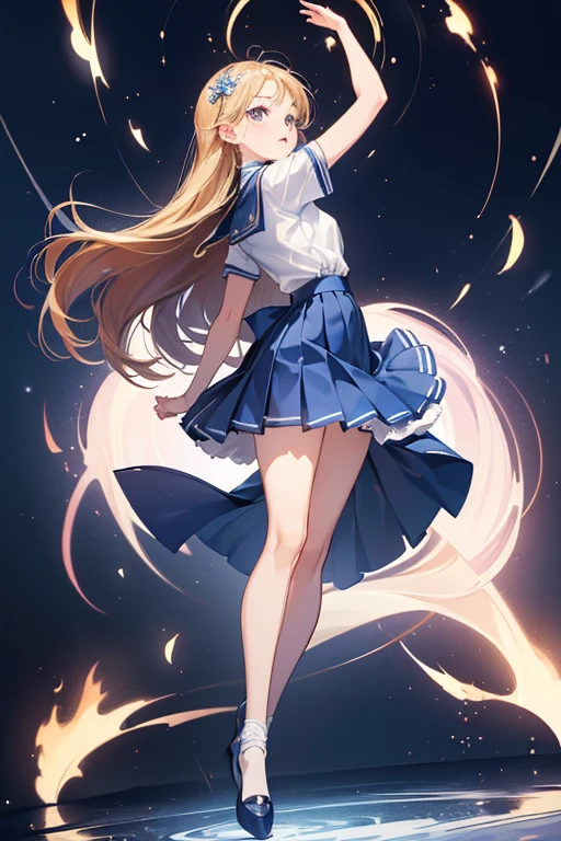 (extremely detailed CG:1.2), (masterpiece:1.2), (best quality:1.2),,((absurdres)),looking at viewer,full body, ,(1girl),solo,(long hair),(pretty cure uniform),(white shirt short sleeves),(navy_blue pleated skirt),(long skirt),dynamic angle,standing,dynamic pose,((Delicate facial features)),,