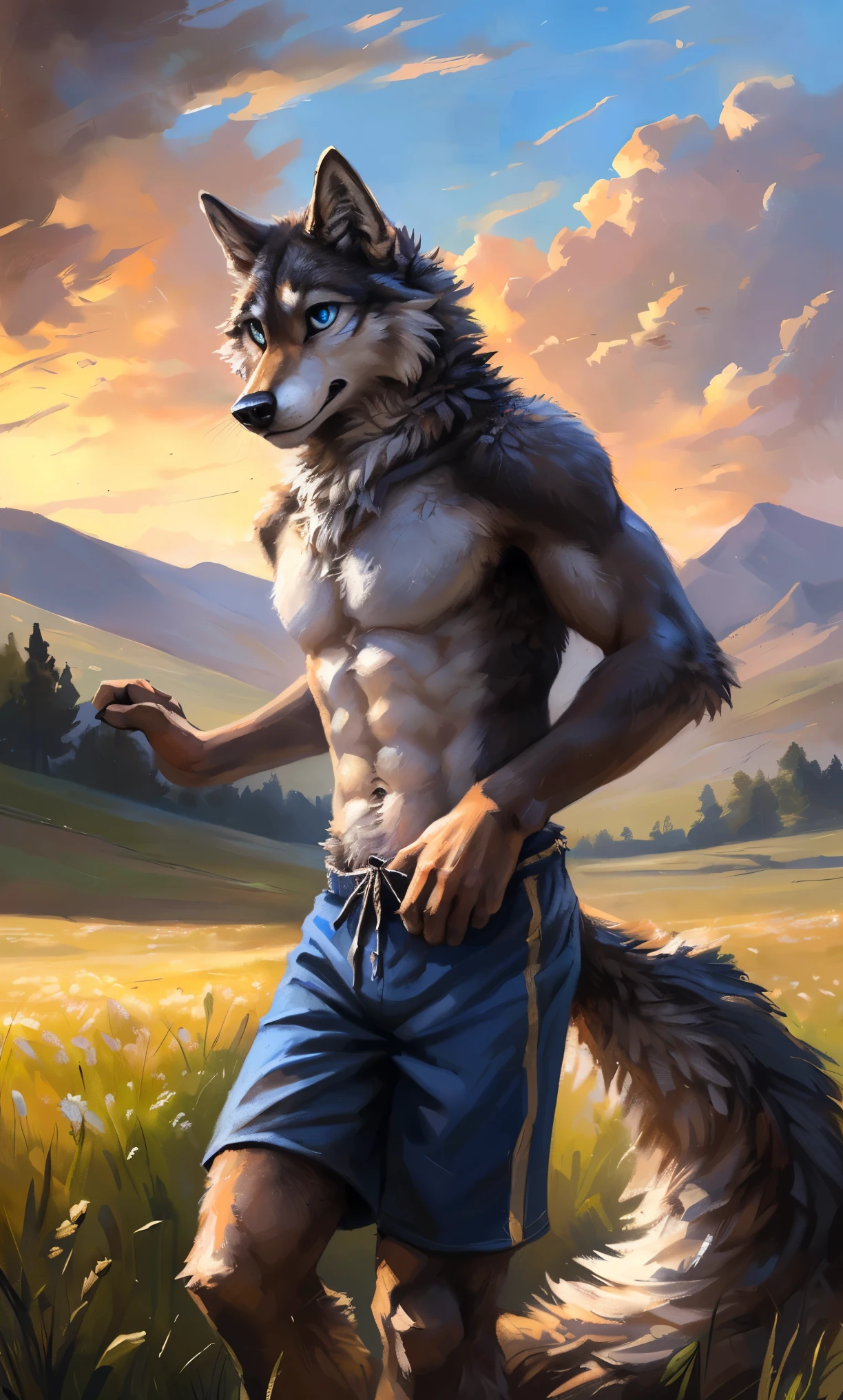 ((Solo)), male people, anthro wolf, (Multi-colored fur, White-brown:1.3，White tail pointed), (Height 2.1m,Tail length 1.2m), ((Wolf face, Big eyes, White eyelids, Blue pupil, Slim:1.2) (Tough, Calm expression:1.2)), Abs, Slim, pinging)), (Correct anatomy), (Work shorts:1.1), The upper body  naked, (detailed outfits),A long big tail，Feet，(Realistic fur, Detailed fur texture, labeled:1.3)), (Natural lighting), Photorealistic, Hyperrealistic, ultradetailed, by Kenket，Field，erect through，Running on