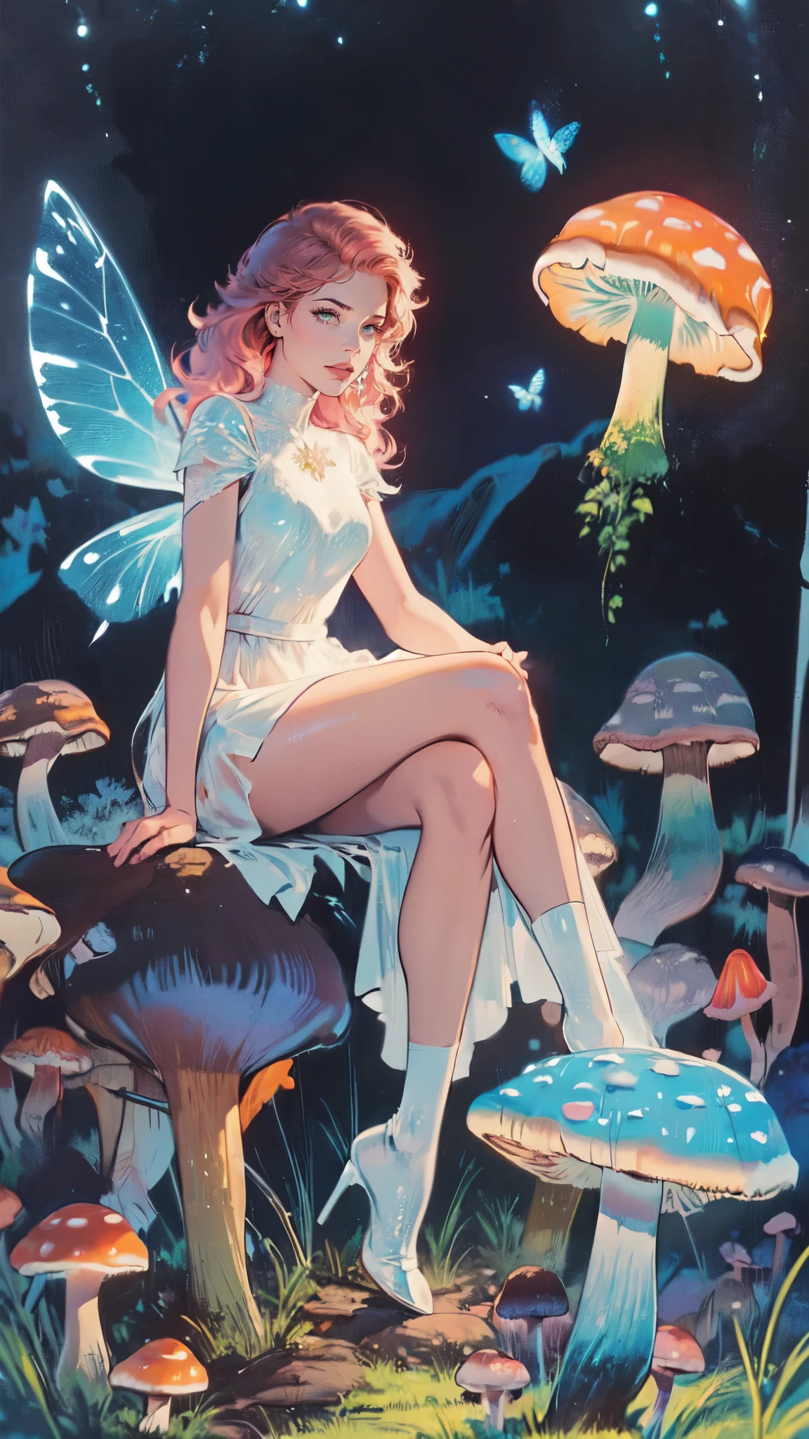 a picture of an exquisite beautiful female fairy sitting on a (Bioluminescent Mushroom: 1.4)  under the starry night sky at the forest, dynamic angle (ultra detailed, Masterpiece, best quality), ultra detailed face (ultra detailed, Masterpiece, best quality), ultra feminine, fare skin, pink hair, wavy hair, dynamic eyes color, glowing eyes, intense eyes, red lips, wearing white dress, elegant silk dress (ultra detailed, Masterpiece, best quality), butterfly wings (ultra detailed, Masterpiece, best quality), wearing high heeled boots, phosphorous glowing  Bioluminescent Mushroom, sky full of stars background, moon, beat details, best quality, 8k, [ultra detailed], masterpiece, best quality, (ultra detailed), full body, ultra wide shot, photorealism, fantasy art, gl0w1ngR,