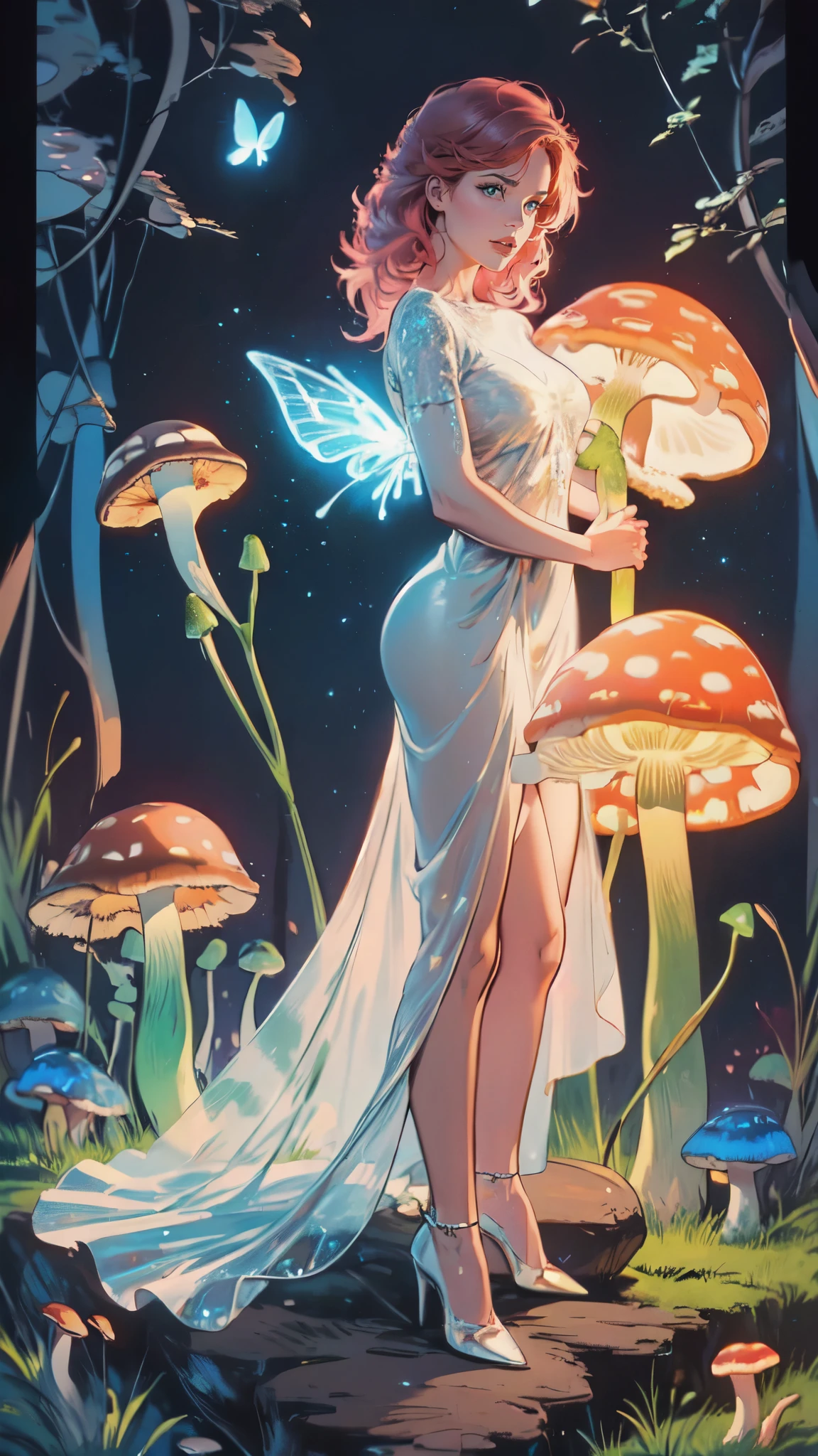 a picture of an exquisite beautiful female fairy sitting on a (Bioluminescent Mushroom: 1.4)  under the starry night sky at the forest, dynamic angle (ultra detailed, Masterpiece, best quality), ultra detailed face (ultra detailed, Masterpiece, best quality), ultra feminine, fare skin, pink hair, wavy hair, dynamic eyes color, glowing eyes, intense eyes, red lips, wearing white dress, elegant silk dress (ultra detailed, Masterpiece, best quality), butterfly wings (ultra detailed, Masterpiece, best quality), wearing high heeled boots, phosphorous glowing  Bioluminescent Mushroom, sky full of stars background, moon, beat details, best quality, 8k, [ultra detailed], masterpiece, best quality, (ultra detailed), full body, ultra wide shot, photorealism, fantasy art, gl0w1ngR,