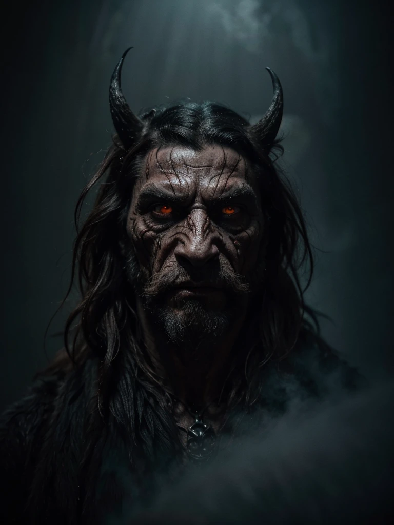 A highly detailed and hyper-realistic depiction of a ghoulish man beast with an intricately scarred face. The character is surrounded by mist, evoking a mysterious and eerie atmosphere. The lighting is dark and atmospheric, with a red smoke adding a touch of sinister ambiance. The image is of the best quality, with a resolution of 4k and HDR enhancement, showcasing the utmost level of detail and realism. drahthaar 