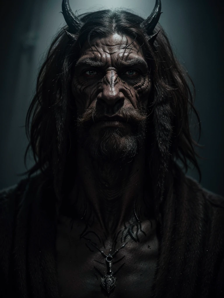 A highly detailed and hyper-realistic depiction of a ghoulish man beast with an intricately scarred face. The character is surrounded by mist, evoking a mysterious and eerie atmosphere. The lighting is dark and atmospheric, with a red smoke adding a touch of sinister ambiance. The image is of the best quality, with a resolution of 4k and HDR enhancement, showcasing the utmost level of detail and realism. drahthaar 