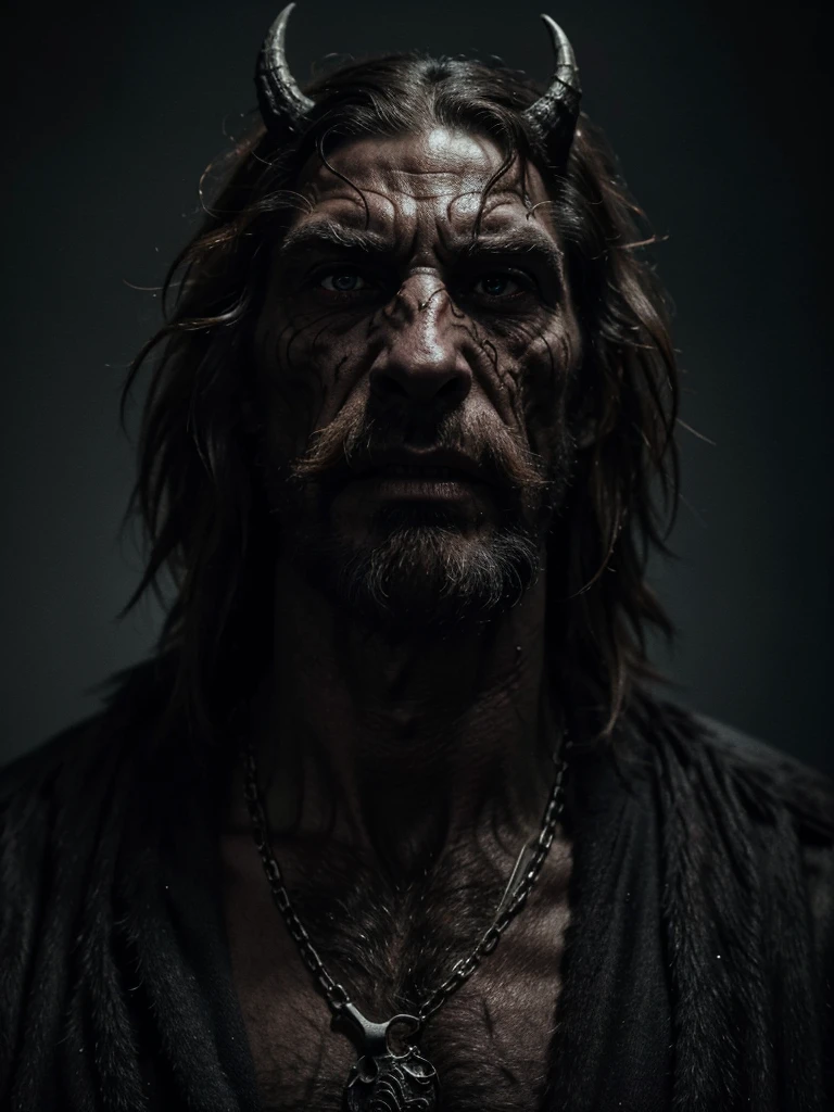 A highly detailed and hyper-realistic depiction of a ghoulish man beast with an intricately scarred face. The character is surrounded by mist, evoking a mysterious and eerie atmosphere. The lighting is dark and atmospheric, with a red smoke adding a touch of sinister ambiance. The image is of the best quality, with a resolution of 4k and HDR enhancement, showcasing the utmost level of detail and realism. drahthaar 