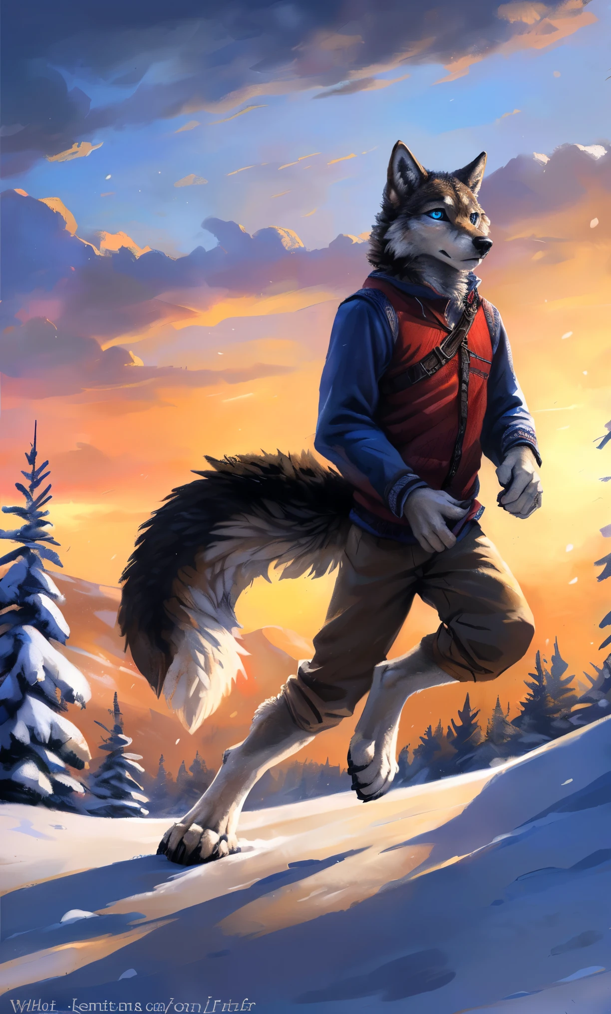 ((Solo)), male people, anthro wolf, (Multi-colored fur, White-brown:1.3,White tail pointed), (Height 2.1m,Tail length 1.2m), ((Wolf face, Big eyes, White eyelids, Blue pupil, Slim:1.2) (Tough, Calm expression:1.2)), Slim, pinging)), (Correct anatomy), (Winter clothing:1.1), The upper body naked, (detailed outfits),A long big tail,Feet,(Realistic fur, Detailed fur texture, labeled:1.3)), (Natural lighting), Photorealistic, Hyperrealistic, ultradetailed, by Kenket,Snowfield,erect through,Running on