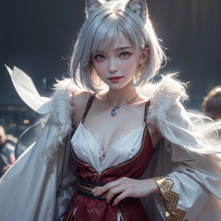 Dark ambiance,Mid century london inthe background、white wolf、 ((highest quality、masterpiece、8k、best image quality、ultra high resolution、Award-winning work)、(accurate anatomy:1.1)、(look at me and smile:1.1)、Shining fair skin with ultra high resolution、most detailed face、ultra high resolution detailed face、white short hair flowing 、Beautiful face drawn in every detail、(blurred background:1.1)、traditional Georgia man costume, tiny breast, real wolf beside the girl
