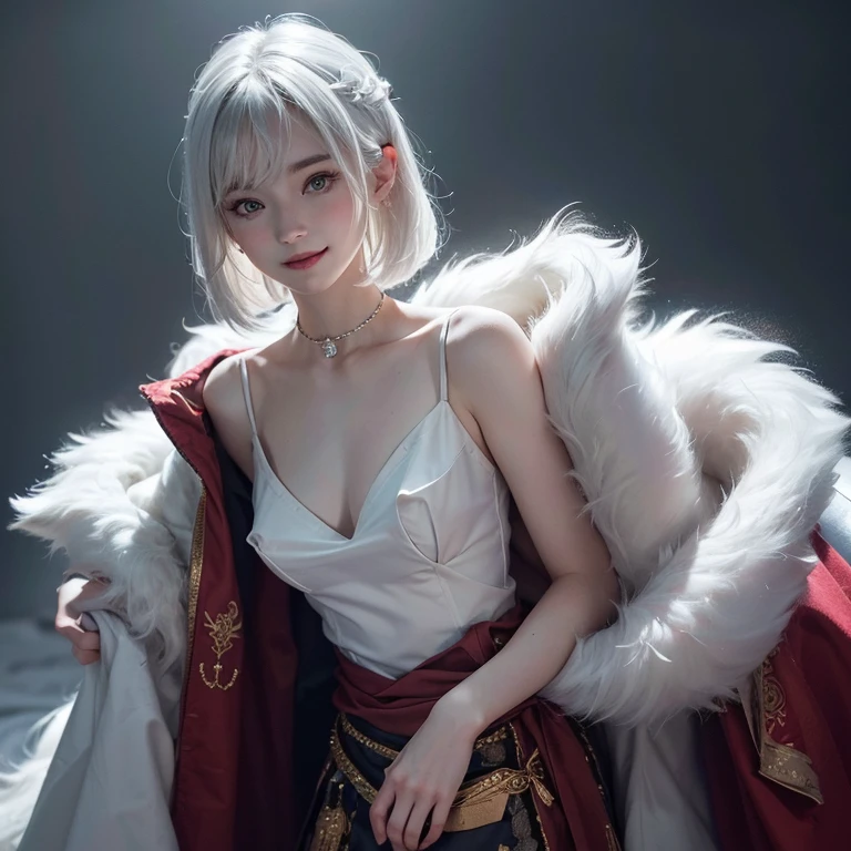 Dark ambiance,Mid century london inthe background、white wolf、 ((highest quality、masterpiece、8k、best image quality、ultra high resolution、Award-winning work)、(accurate anatomy:1.1)、(look at me and smile:1.1)、Shining fair skin with ultra high resolution、most detailed face、ultra high resolution detailed face、white short hair flowing 、Beautiful face drawn in every detail、(blurred background:1.1)、traditional Georgia man costume, tiny breast, real wolf beside the girl