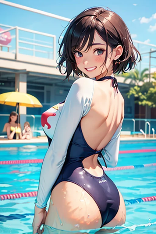 highest quality、High resolution、Detailed Background、(Beautiful face in every detail:1.4)、Anatomically correct、(Draw the usual number of fingers:1.2)、(Detailed facial expressions)、(Detailed eyes:1.2)、(Detailed eyes:1.2)、Beautiful, smooth skin、age beauty、(Highly detailed face:1.4)、Bobcut、braided long、Cute hairstyle、Water Park、In a joking manner、Cowboy Shot、
(Two beautiful girls swimming with big smiles:1.5)、
A long-sleeved one-piece swimsuit gives you a stylish look while still covering your arms and back.、Rash guards cover the entire body, minimizing skin exposure while also providing UV protection.、The Water Park has a large pool and water slides.、It is an entertainment facility with a wave pool and other facilities.、cute