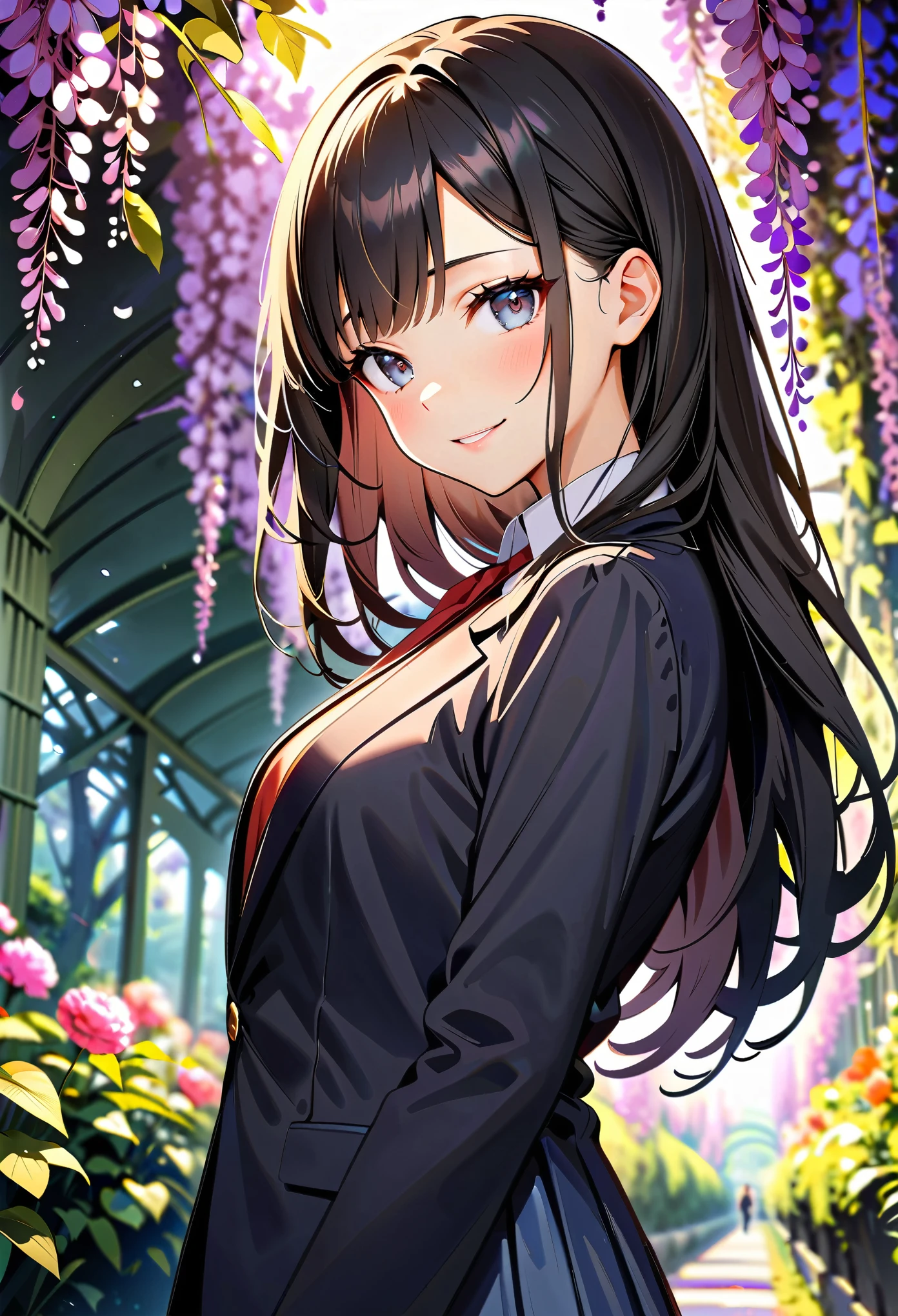 (highest quality:1.2, Very detailed, Ultra-high resolution, masterpiece:1.2, highest quality, Best aesthetics), (((1 girl))), Beautiful woman, , jk, blazer, Collared shirt with red ribbon, Pleated skirt, (Black Hair, Braided Hair, Silver Eyes), Reflection of light, translucent, Fascinating, smile, Watery eyes, Detailed eyes, Delicate, dream-like, Surreal, ((Seasonal flower gardens, Wisteria trellis tunnel, Silence, Lens flare)), Soft Light, Elegant gestures, Shallow depth of field, Bokeh:1.2.