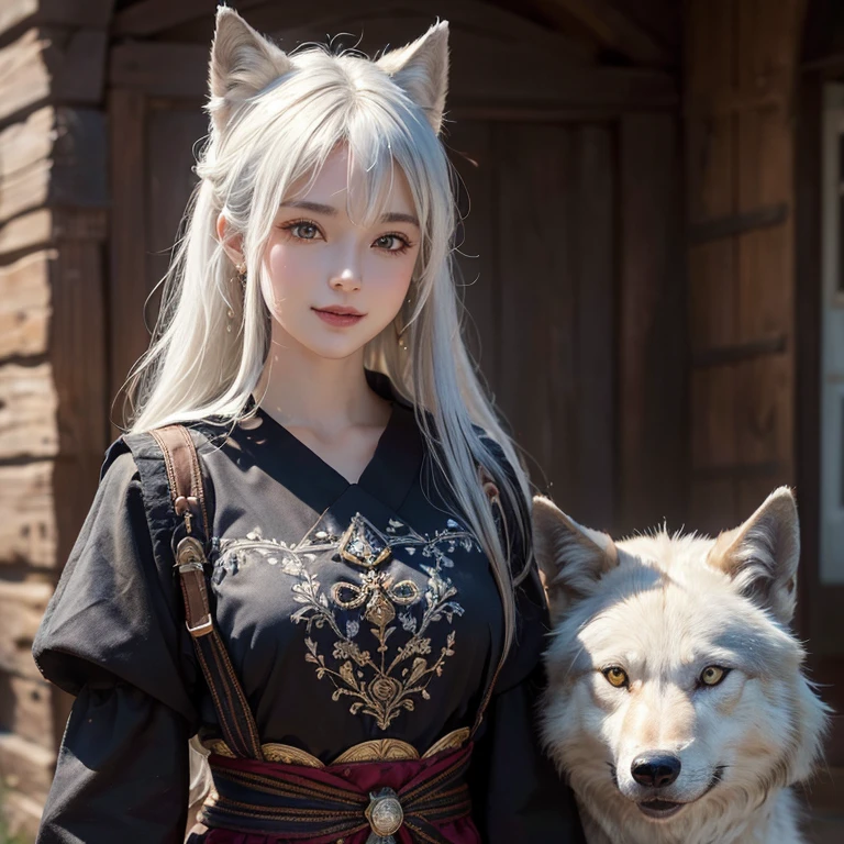 Dark ambiance,old European townde in the background、white wolf、 ((highest quality、masterpiece、8k、best image quality、ultra high resolution、Award-winning work)、(accurate anatomy:1.1)、(look at me and smile:1.1)、Shining fair skin with ultra high resolution、most detailed face、ultra high resolution detailed face、white short hair flowing 、Beautiful face drawn in every detail、(blurred background:1.1)、traditional Georgia man costume, tiny breast, real wolf beside the girl 