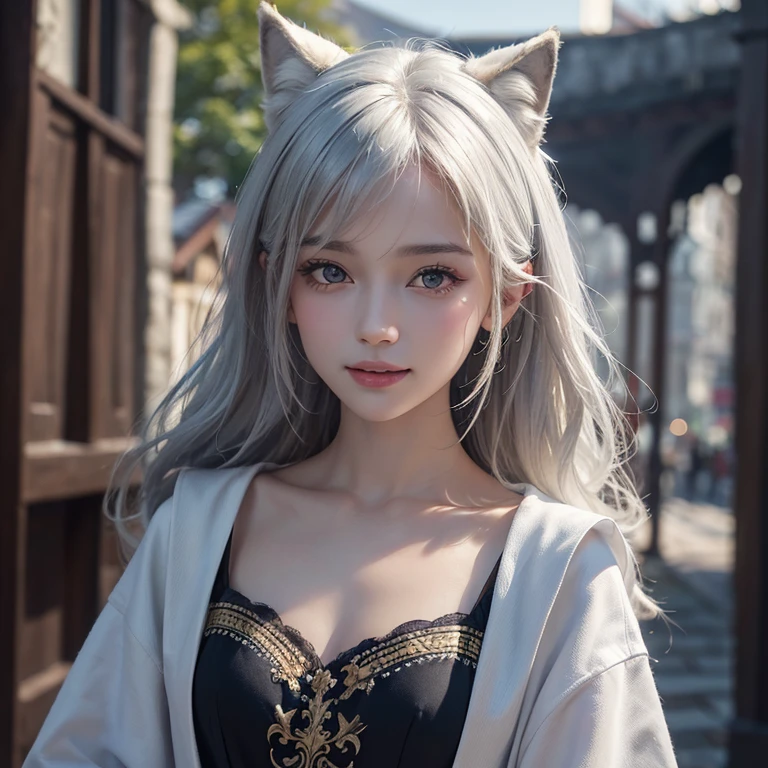Dark ambiance,old European townde in the background、white wolf、 ((highest quality、masterpiece、8k、best image quality、ultra high resolution、Award-winning work)、(accurate anatomy:1.1)、(look at me and smile:1.1)、Shining fair skin with ultra high resolution、most detailed face、ultra high resolution detailed face、white short hair flowing 、Beautiful face drawn in every detail、(blurred background:1.1)、traditional Georgia man costume, tiny breast, real wolf beside the girl