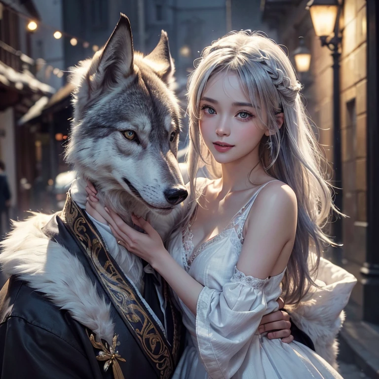 Dark ambiance,old European townde in the background、white wolf、 ((highest quality、masterpiece、8k、best image quality、ultra high resolution、Award-winning work)、(accurate anatomy:1.1)、(look at me and smile:1.1)、Shining fair skin with ultra high resolution、most detailed face、ultra high resolution detailed face、white short hair flowing 、Beautiful face drawn in every detail、(blurred background:1.1)、traditional Georgia man costume, tiny breast, real wolf beside the girl