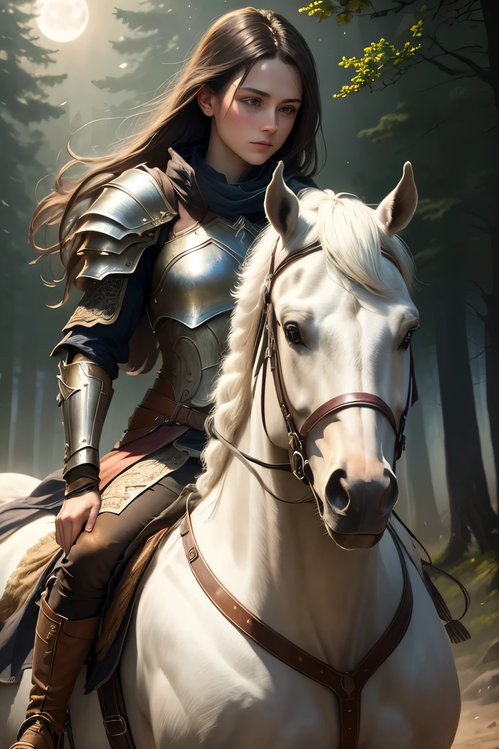 girl rides horse (best quality,highres:1.2),ultra-detailed,realistic,moonlight,lit ,dense mist,dreadfully beautiful,night, trees,((lol: 1.2 + Galen: 1.3), realistic art style), HD, dynamic angle, dynamic pose, summer, sweat, white cloth, metal armor, real texture, fine details, watercolor polish.