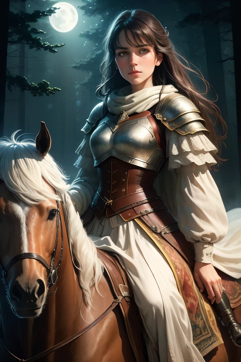 girl rides horse (best quality,highres:1.2),ultra-detailed,realistic,moonlight,lit ,dense mist,dreadfully beautiful,night, trees,((lol: 1.2 + Galen: 1.3), realistic art style), HD, dynamic angle, dynamic pose, summer, sweat, white cloth, metal armor, real texture, fine details, watercolor polish.