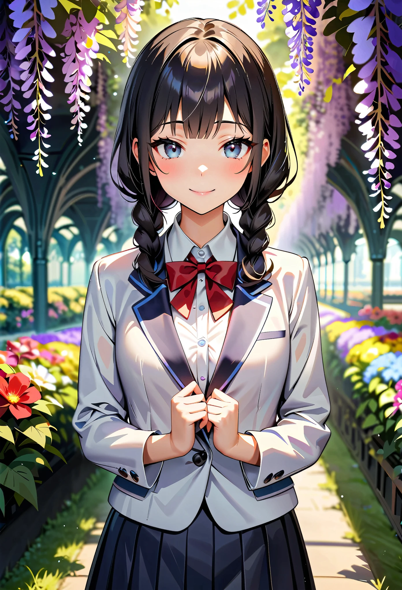 (highest quality:1.2, Very detailed, Ultra-high resolution, masterpiece:1.2, highest quality, Best aesthetics), (((1 girl))), Beautiful woman, , jk, blazer, Collared shirt with red ribbon, Pleated skirt, (Black Hair, Braided Hair, Silver Eyes), Reflection of light, translucent, Fascinating, smile, Watery eyes, Detailed eyes, Delicate, dream-like, Surreal, ((Seasonal flower gardens, Wisteria trellis tunnel, Silence, Lens flare)), Soft Light, Elegant gestures, Shallow depth of field, Bokeh:1.2.