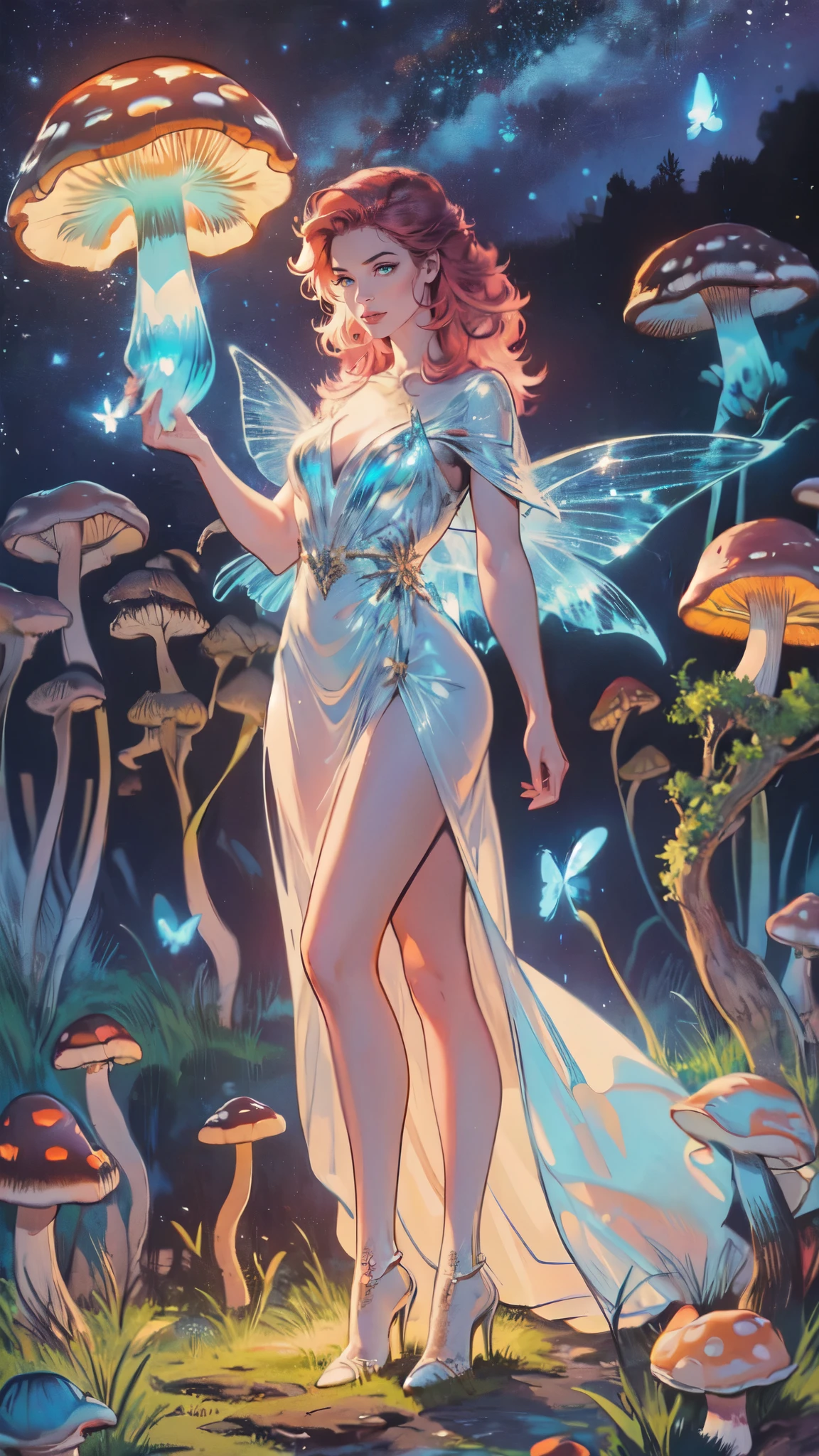 a picture of an exquisite beautiful female fairy sitting on a (Bioluminescent Mushroom: 1.4)  under the starry night sky at the forest, dynamic angle (ultra detailed, Masterpiece, best quality), ultra detailed face (ultra detailed, Masterpiece, best quality), ultra feminine, fare skin, pink hair, wavy hair, dynamic eyes color, glowing eyes, intense eyes, red lips, wearing white dress, elegant silk dress (ultra detailed, Masterpiece, best quality), butterfly wings (ultra detailed, Masterpiece, best quality), wearing high heeled boots, phosphorous glowing  Bioluminescent Mushroom, sky full of stars background, moon, beat details, best quality, 8k, [ultra detailed], masterpiece, best quality, (ultra detailed), full body, ultra wide shot, photorealism, fantasy art, gl0w1ngR,