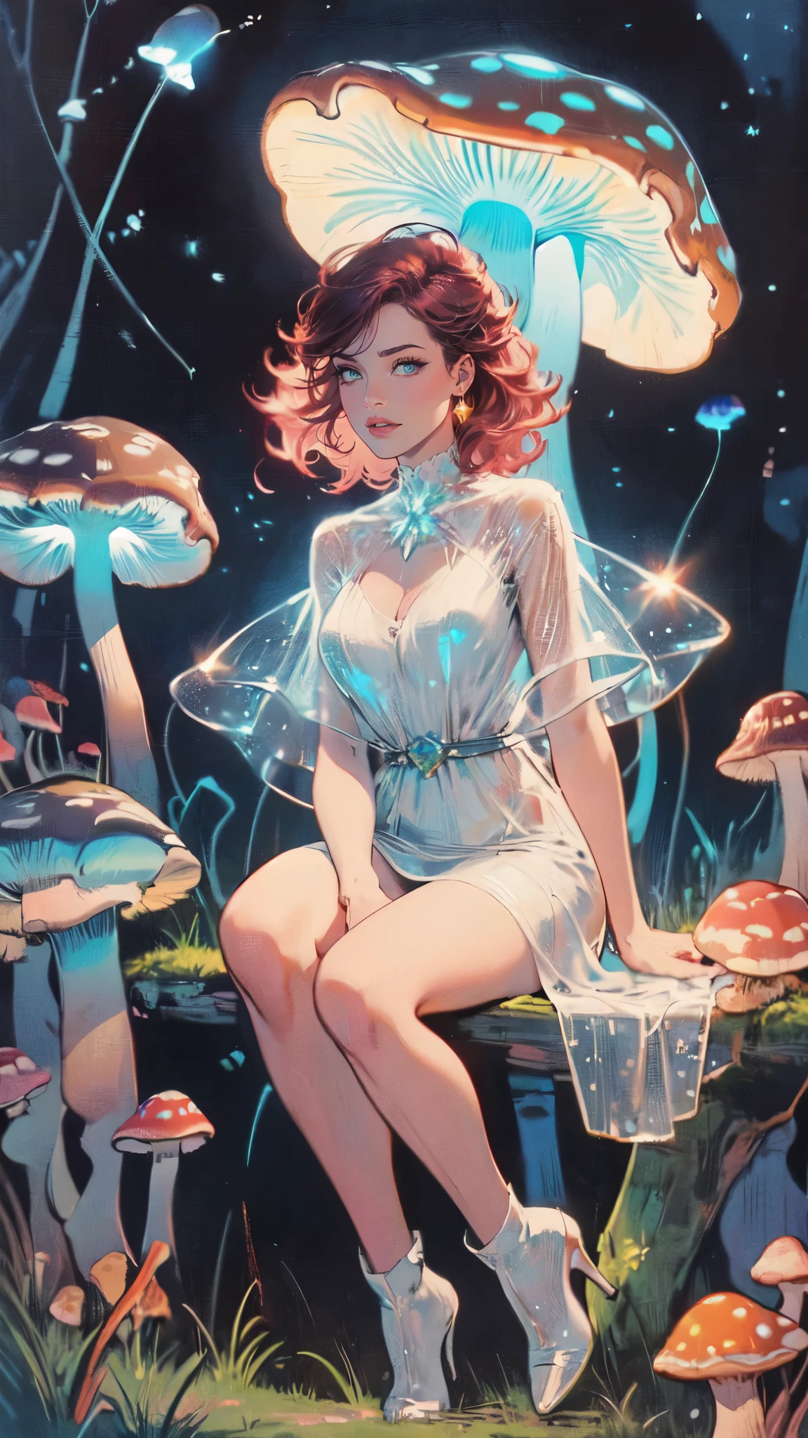a picture of an exquisite beautiful female fairy sitting on a (Bioluminescent Mushroom: 1.4)  under the starry night sky at the forest, dynamic angle (ultra detailed, Masterpiece, best quality), ultra detailed face (ultra detailed, Masterpiece, best quality), ultra feminine, fare skin, pink hair, wavy hair, dynamic eyes color, glowing eyes, intense eyes, red lips, wearing white dress, elegant silk dress (ultra detailed, Masterpiece, best quality), butterfly wings (ultra detailed, Masterpiece, best quality), wearing high heeled boots, phosphorous glowing  Bioluminescent Mushroom, sky full of stars background, moon, beat details, best quality, 8k, [ultra detailed], masterpiece, best quality, (ultra detailed), full body, ultra wide shot, photorealism, fantasy art, gl0w1ngR,