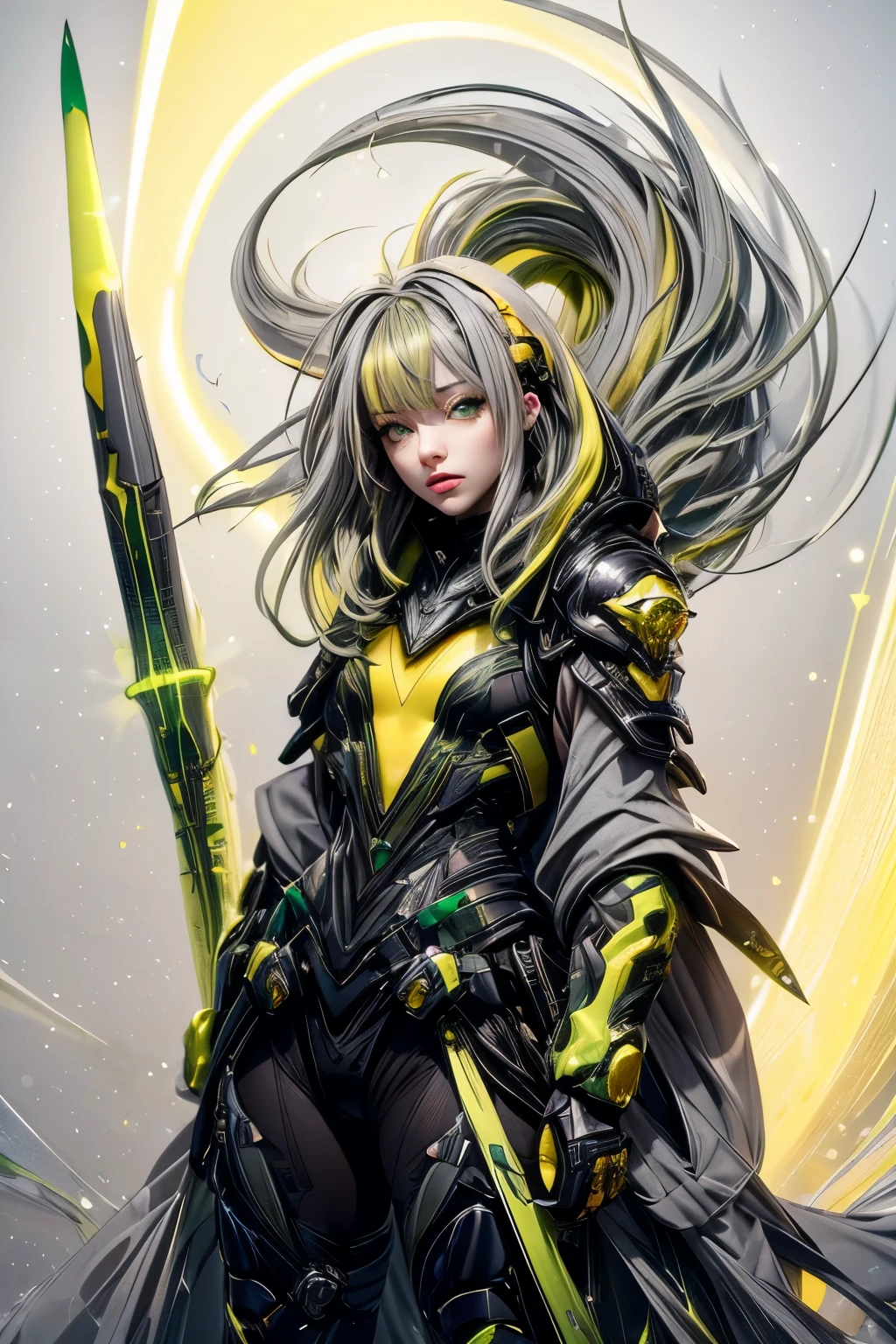 chaos、 action、Female、(yellow、green、Gray Hair 1:2)、Less exposure、Portraiture,jet suit、Complex３ｄheadset、perfection、Passage、Cubism, Pointillism、Neon Light, 8k, born, highest quality,, 超A high resolution, colorful, (medium wide shot), (Dynamic Perspective), Sharp focus , (Depth of written boundary, Bokeh:1.3),rossdraws cartoon vibrant、Contemporary art, Highly detailed eyes and face,Ninja Artist, Beautiful fine details、iron, Trim Gear:1.2), (( highest quality)), Detailed Background, Inside the spaceship、Grab your weapon、blue eyes、born物発光、Crescent Moon、Fantasy,masterpiece,Plug in、spectrum、confusion、