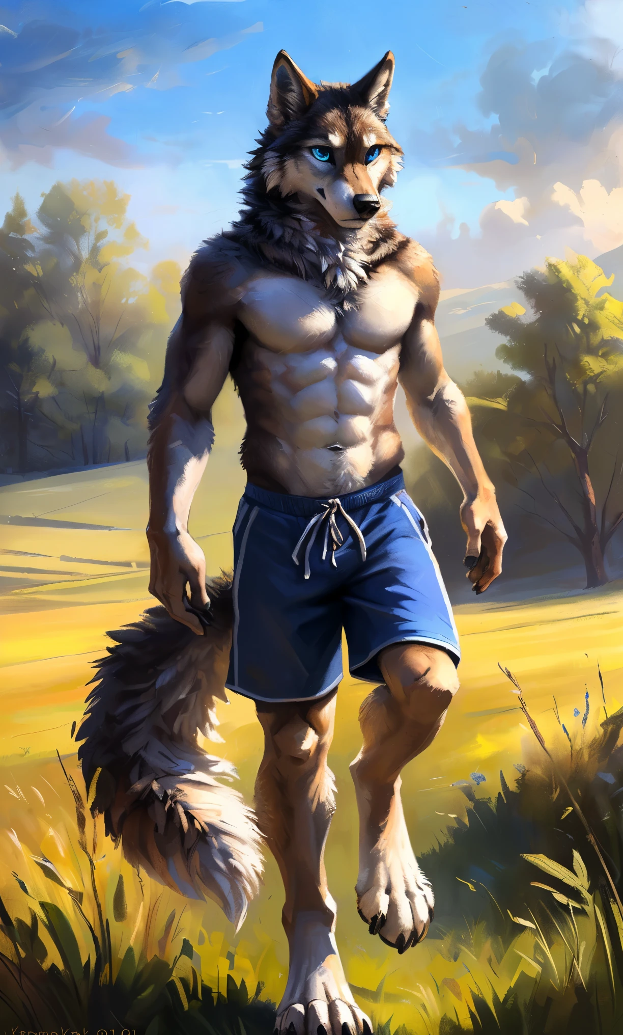 ((Solo)), male people, anthro wolf, (Multi-colored fur, White-brown:1.3,White tail pointed), (Height 2.1m,Tail length 1.2m), ((Wolf face, Big eyes, White eyelids, Blue pupil, Slim:1.2) (Tough, Calm expression:1.2)), Abs, Slim, pinging)), (Correct anatomy), (Work shorts:1.1), The upper body naked, (detailed outfits),A long big tail,Feet,(Realistic fur, Detailed fur texture, labeled:1.3)), (Natural lighting), Photorealistic, Hyperrealistic, ultradetailed, by Kenket,Field,erect through,Running on