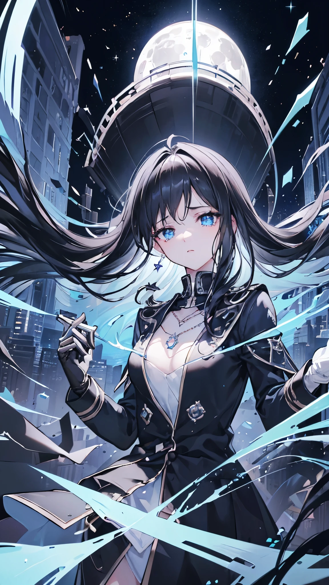 ((high resolution　Black Hair　Long Hair　Dull blue eyes　uniform　Lonely　despair))　((chest　necklace　Tears　gloves))　(New York at Night　Distorted Space-Time　star　moon)　Catch the wind　Light