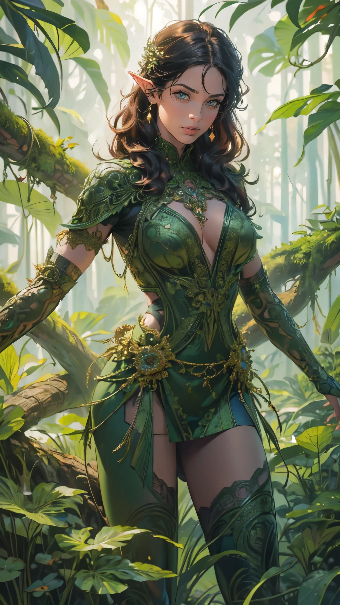 high details, best quality, 16k, [ultra detailed], masterpiece, best quality, (extremely detailed), drkfntasy,  tanjoreai, dynamic angle, ultra wide shot, RAW, photorealistic, fantasy art, realistic art, a female elf druid  (intricate details, Masterpiece, best quality: 1.5) in a jungle, a female elf wearing leather clothes  intricate details, Masterpiece, best quality: 1.4), leather boots, thick hair, long hair, brown hair, intense blue eyes, vibrant jungle (intense details), plenty of plant life, vines coming from trees,  many jungle trees (1.3 intricate details, Masterpiece, best quality), vines, a river flowing, sun light, dynamic light. dynamic angle, (intricate details, Masterpiece, best quality: 1.5) , 2.5 rendering, high details, best quality, highres, ultra wide angle