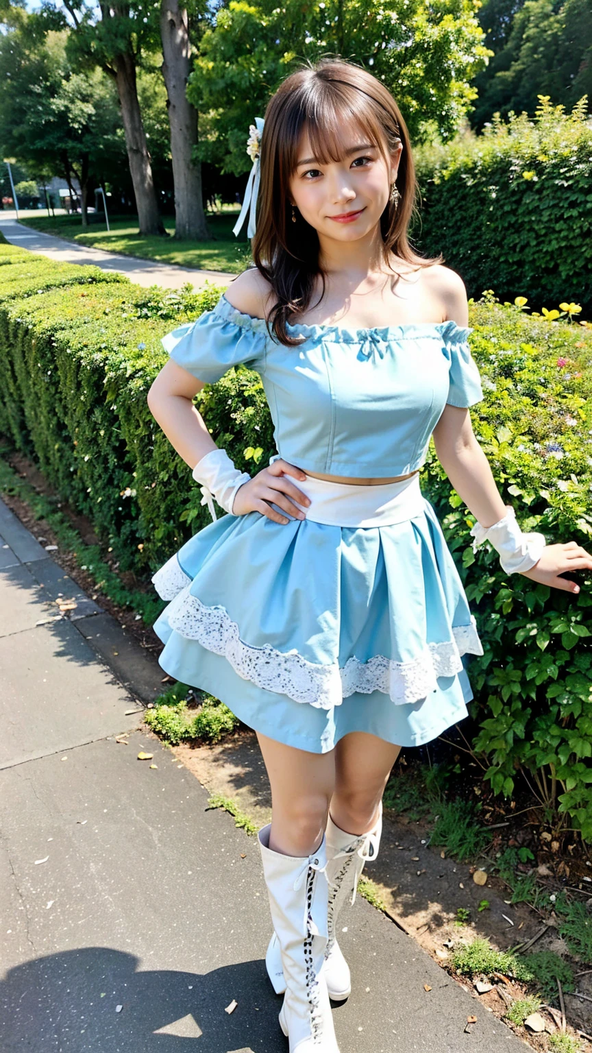 (8k、RAW Photos、highest quality、masterpiece:1.2)、(Realistic、Realistic)、1 girl、((white and light blue off shoulder、belly button、cute、Check mini skirt、Chest ribbon、boots、Large Breasts、stage、garden、Zoom out、Pretty Cure Costume、smile、View from the front、Standing with hands on hips))、Lots of eyelashes、Glowing eyelids、skeletally correct