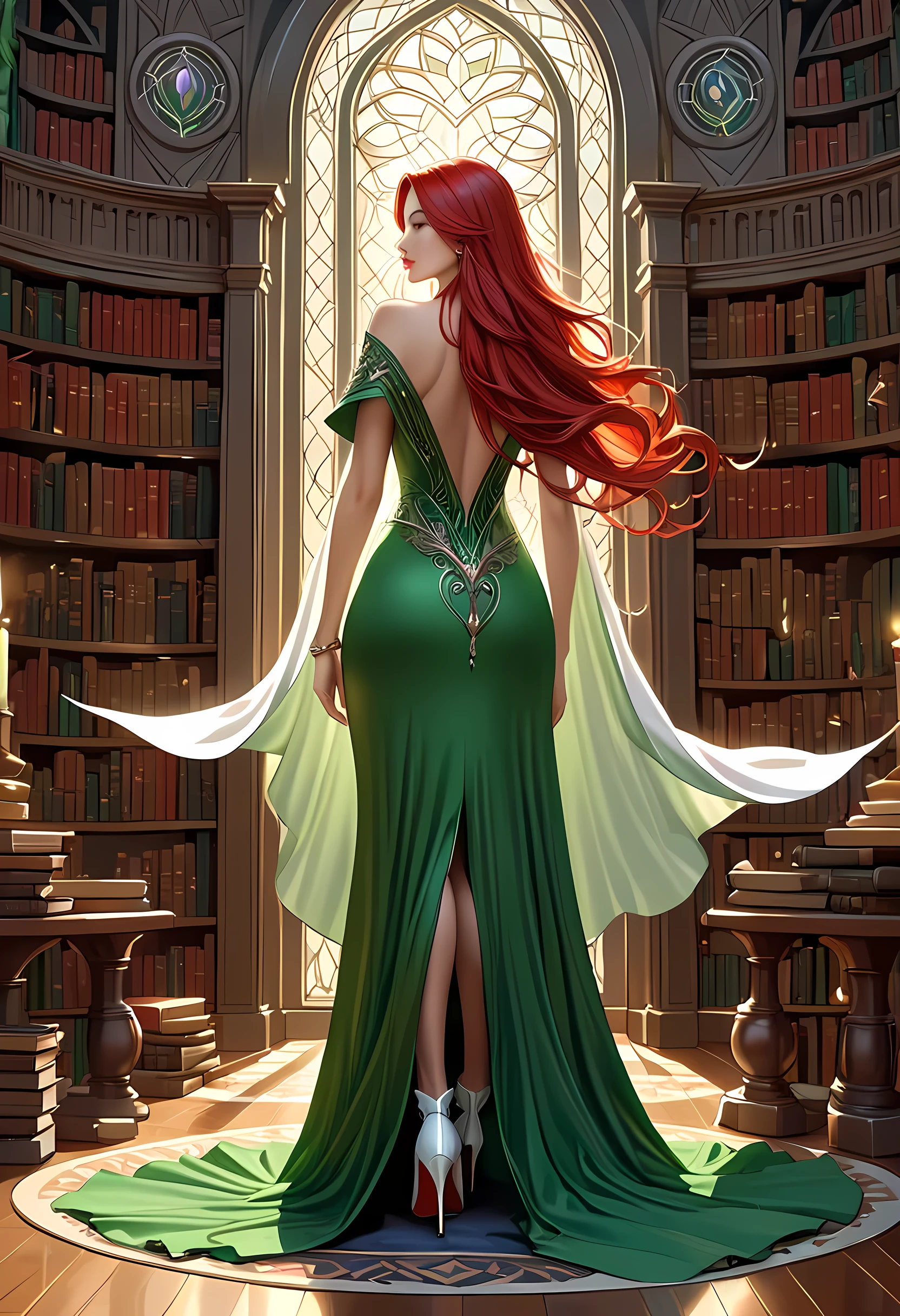 high details, best quality, 16k, [ultra detailed], masterpiece, best quality, (extremely detailed), full body, ultra wide shot, julie bell style (ultra details, Masterpiece, best quality), fantasy art, dnd art,fantasy art, realistic art, a sorceress casting a DruidMagicAI spell in magical library (ultra details, Masterpiece, best quality), exquisite beautiful human woman (ultra details, Masterpiece, best quality), red hair, long hair, (long green dress: 1.2), (white cloak: 1.3), high heeled boots (ultra details, Masterpiece, best quality) DruidMagicAI