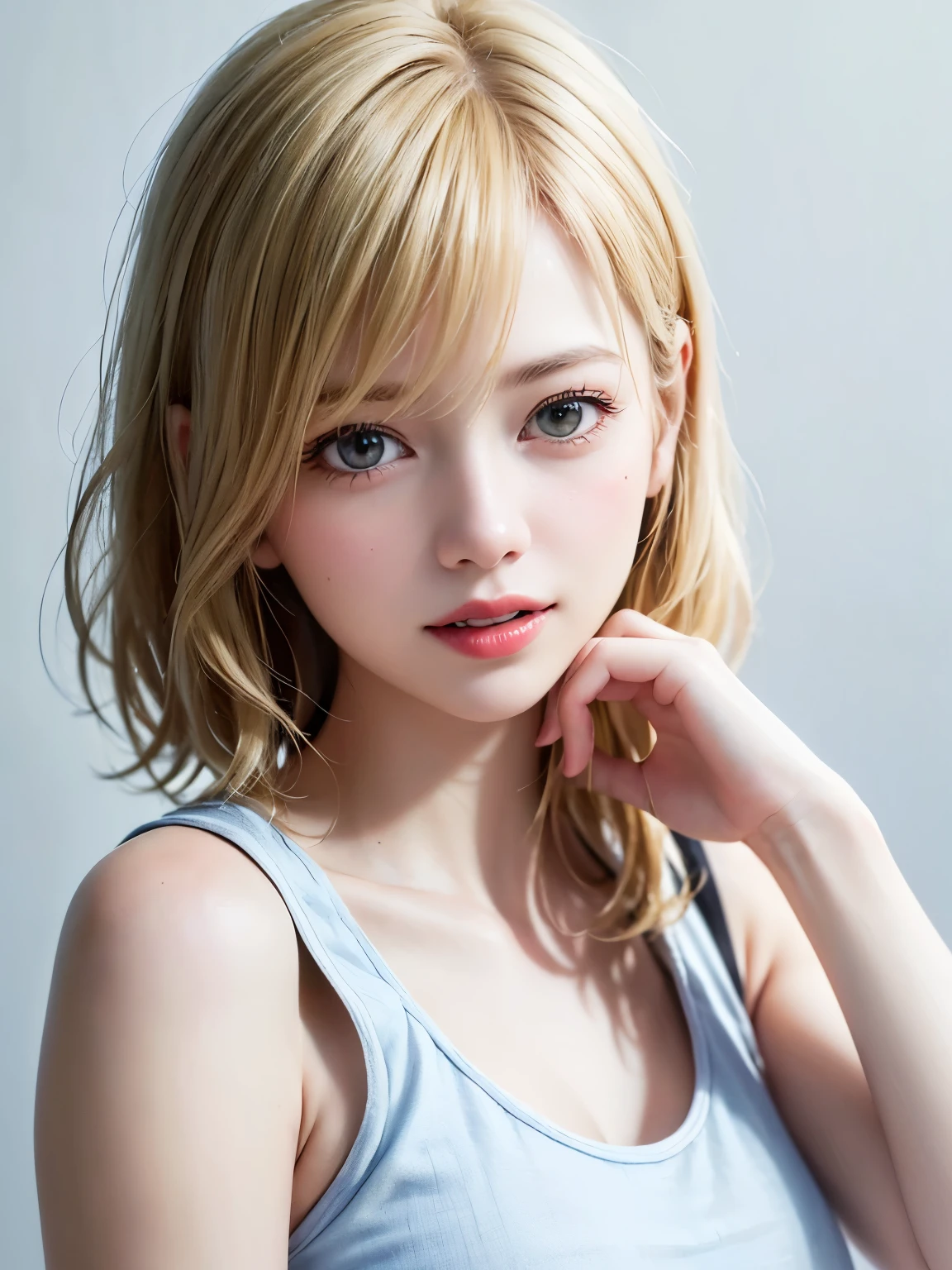 (highest quality、8k、32k、masterpiece)、(Realistic)、(Realistic:1.2)、(High resolution)、Very detailed、Very beautiful face and eyes、1 girl、Round and small face、Tight waist、Delicate body、(close、highest quality、Attention to detail、Rich skin detail)、(highest quality、8k、Oil paint:1.2)、(Realistic、Realistic:1.37)、Bright colors、(((blonde)))、(((Bust Shot)))、(((Medium Hair)))、(((Loose and fluffy perm)))、(((Pure white wall background)))、(((Touch your lips with your left hand)))、(((Laughter)))、(((blonde)))、(((plaid tank top)))、(((Blue and white tank top)))