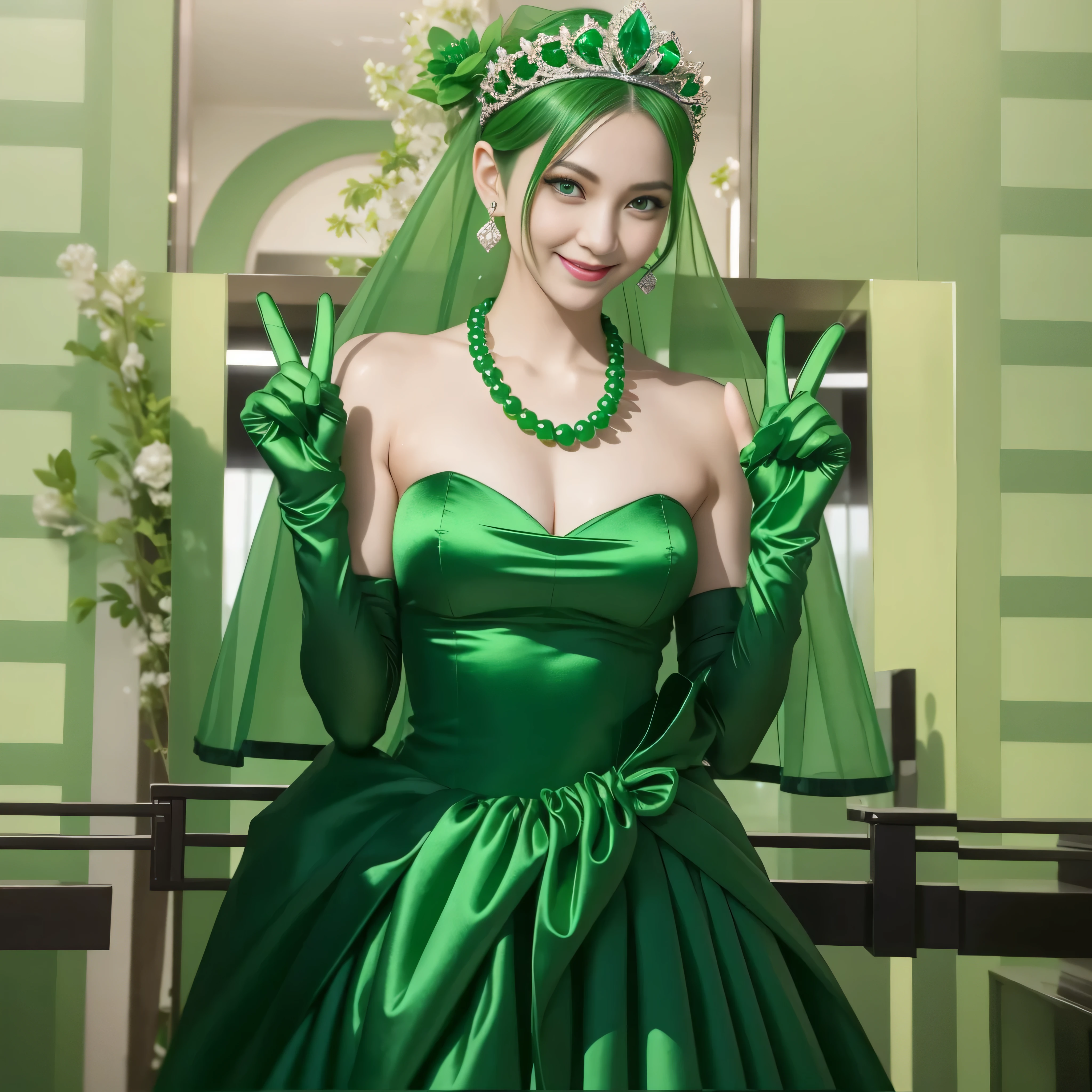 Emerald tiara, Green Pearl Necklace, Boyish very short green hair, lipstick, Smiling Japanese woman, Very short hair, Big and beautiful, Green Eyes, Long green satin gloves, Green Eyes, v sign, Emerald Earrings, Green veil,v sign