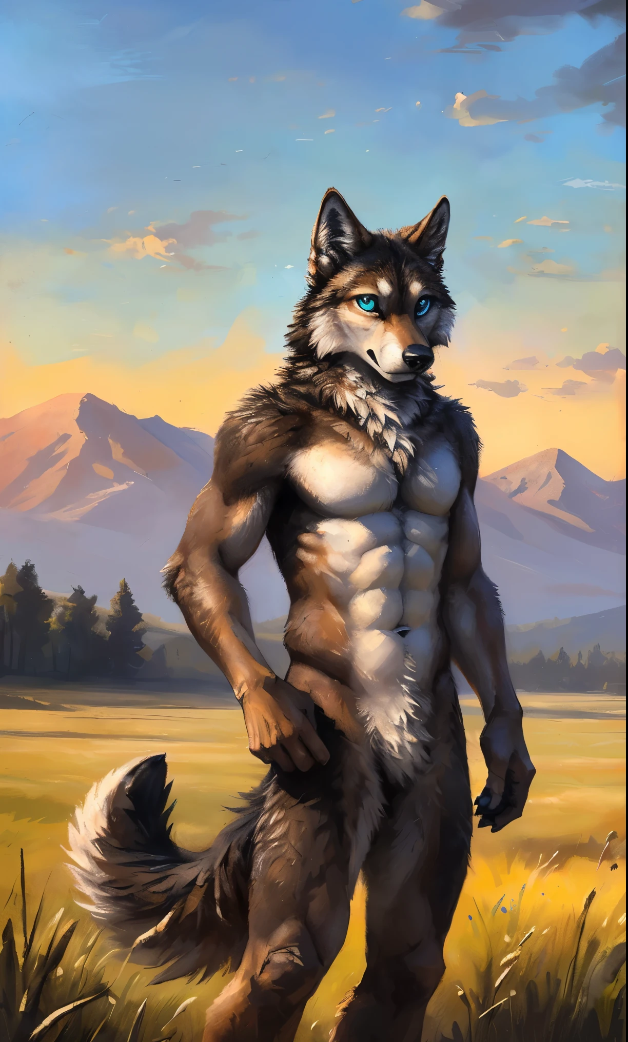((Solo)), male people, anthro wolf, (Multi-colored fur, White-brown:1.3,White tail pointed), (Height 2.1m,Tail length 1.5m), ((Wolf face, Big eyes, White eyelids, Blue pupil, Slim:1.2) (Tough, Calm expression:1.2)), Abs, Slim, pinging)), (Correct anatomy), Naked all over the body,A long big tail,Feet,(Realistic fur, Detailed fur texture, labeled:1.3)), (Natural lighting), Photorealistic, Hyperrealistic, ultradetailed, by Kenket,Field,No artifacts
