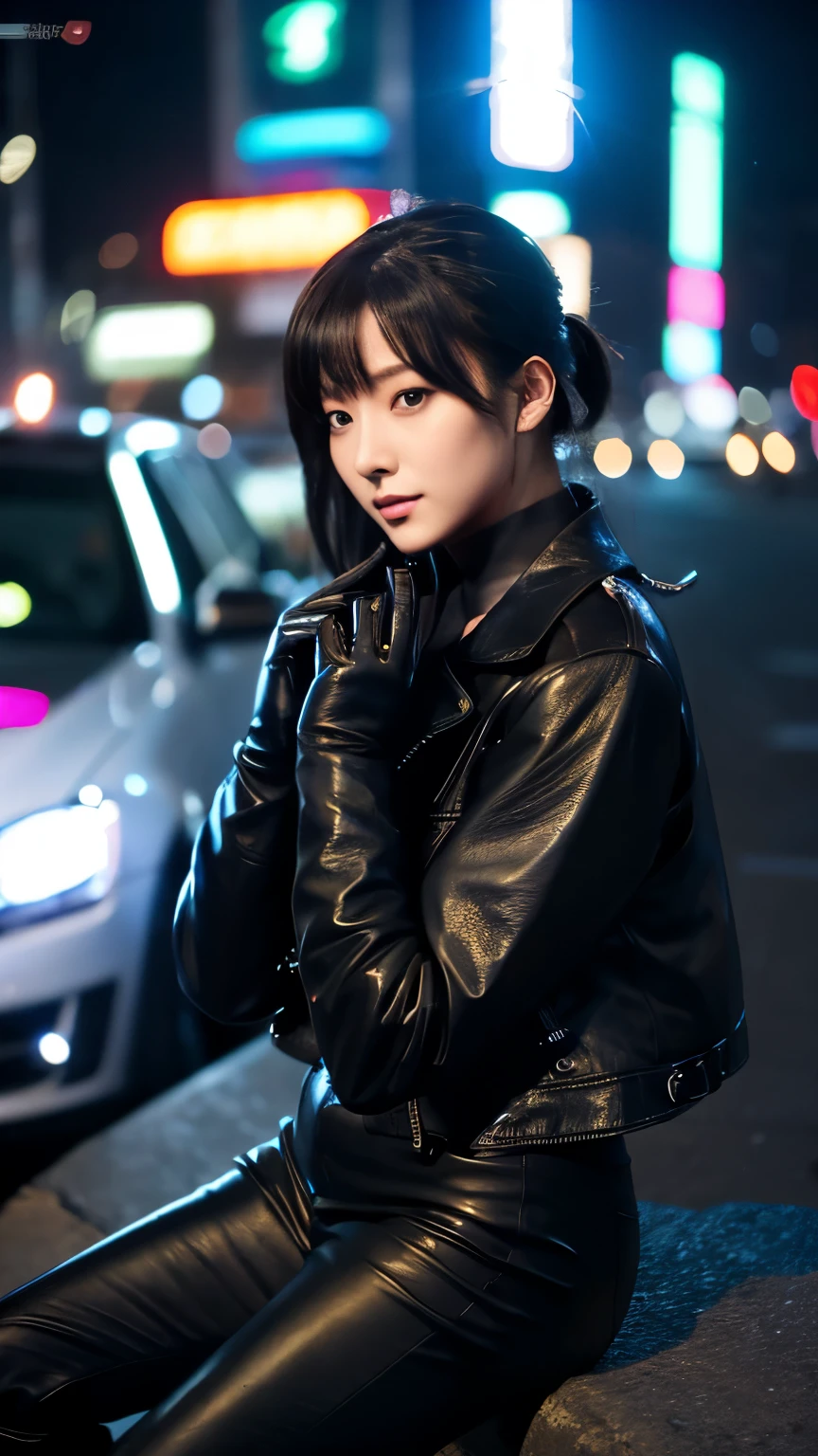 black leather rider jacket, Office in the Dark, Black leather gloved fingertips on both hands,Wearing black leather gloves,Sitting in a black leather chair、 Japanese female new recruits (Black leather gloves cover both hands) (The angle is horizontal)、Black Leather Pants,Black Leather Black Leather Pants,Black Leather Skinny Pants、Long black leather boots on both feet、Black hair ponytail ((He wears black leather gloves on his hands))Full Body Photo,full body shot full body full body leather suit,☺If you turn in this direction。Wearing black leather gloves,Wearing black leather gloves,Wearing black leather gloves,Wearing black leather gloves,Wearing black leather gloves,Wearing black leather gloves,黒のレザーパンツが美しい😍黒のレザーパンツが美しい😍黒のレザーパンツが美しい,😍Smiling while looking at me,City lights、((Neon Cyberpunk City Street:1.3))、(Neon Light)、Detailed lighting、
Best image quality、Ultra-high resolution、(realism:1.4)、Korean Beauty Star、The most beautiful KPOP stars、face、Horny Korean Makeup、A body that makes you want to touch it、Realistic leather texture、Costume made of smooth leather fabric、The drape of the curved parts of the leather fabric、The costume is very shiny、Quality of the costume、8K Photo Quality