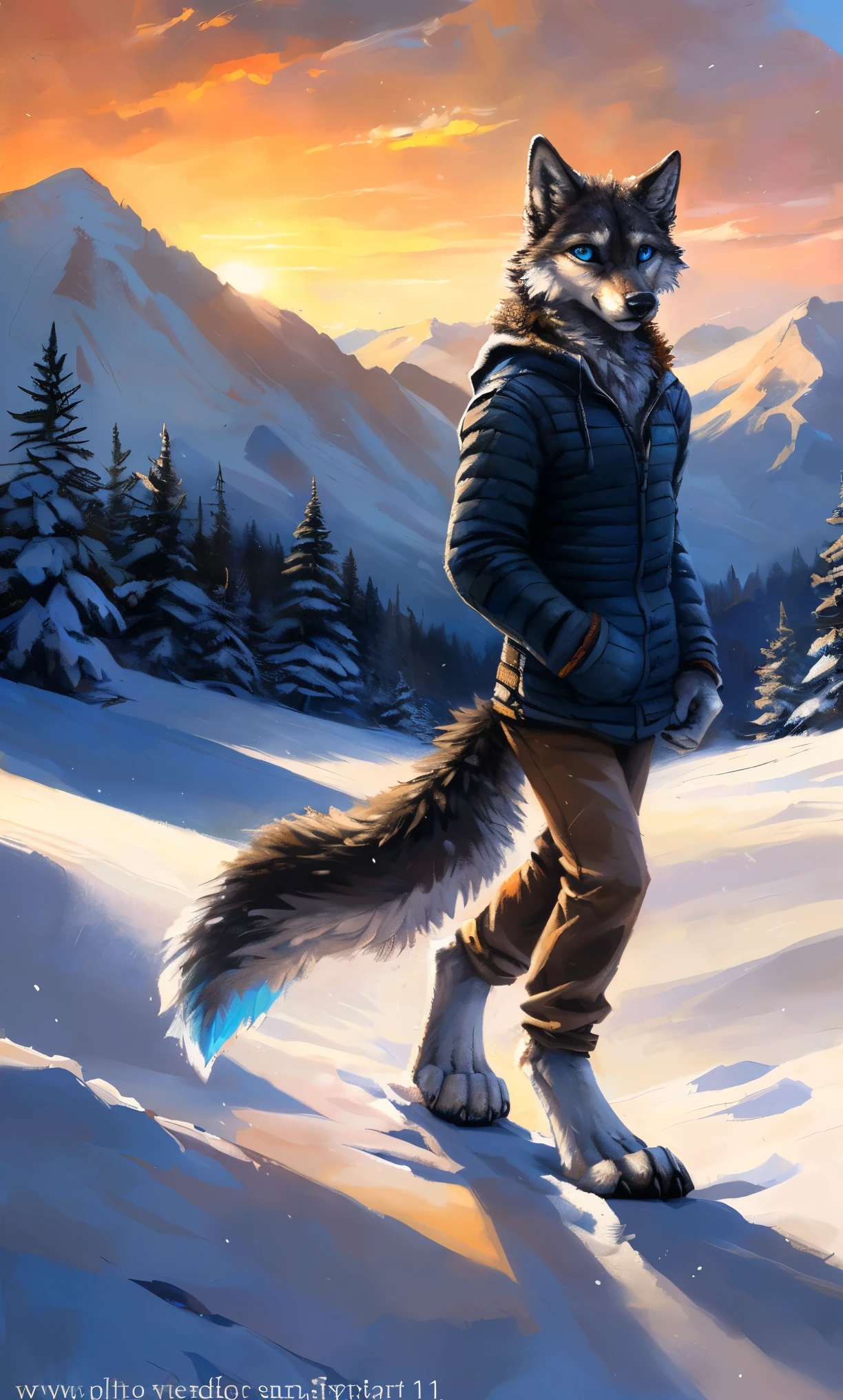 ((Solo)), male people, anthro wolf, (Multi-colored fur, White-brown:1.3,White tail pointed), (Height 2.1m,Tail length 1.2m), ((Wolf face, Big eyes, White eyelids, Blue pupil, Slim:1.2) (Tough, Calm expression:1.2)), Slim, pinging)), (Correct anatomy), (Winter clothing:1.1), The upper body naked, (detailed outfits),A long big tail,Feet,(Realistic fur, Detailed fur texture, labeled:1.3)), (Natural lighting), Photorealistic, Hyperrealistic, ultradetailed, by Kenket,Snowfield,erect through,Running on