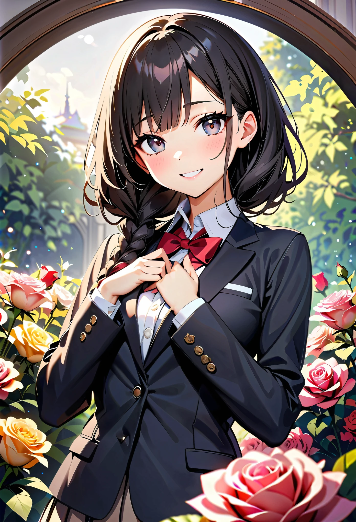 (highest quality:1.2, Very detailed, Ultra-high resolution, masterpiece:1.2, highest quality, Best aesthetics), (((1 girl))), Beautiful woman, , jk, blazer, Collared shirt with red ribbon, Pleated skirt, (Black Hair, Braided Hair, Silver Eyes), Reflection of light, translucent, Fascinating, smile, Watery eyes, Detailed eyes, Delicate, dream-like, Surreal, ((Seasonal flower gardens, rose garden)), Soft Light, Elegant gestures, Shallow depth of field, Bokeh:1.2.