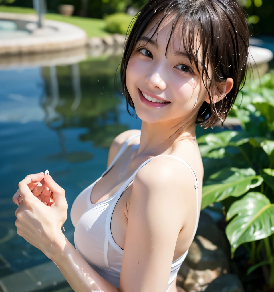 highest quality、8k、masterpiece、Ultra-high resolution、Clear photos、Realistic、Professional Lighting、Natural light、very cute:1.6、、smile、Very short hair、Very slim、Tight waist、cover your chest with your hands:1.4、Soaking wet:1.8、Dripping Water:1.8、I take a shower:1.2、Glowing Skin、Wet Hair、Head to knee photo:1.6