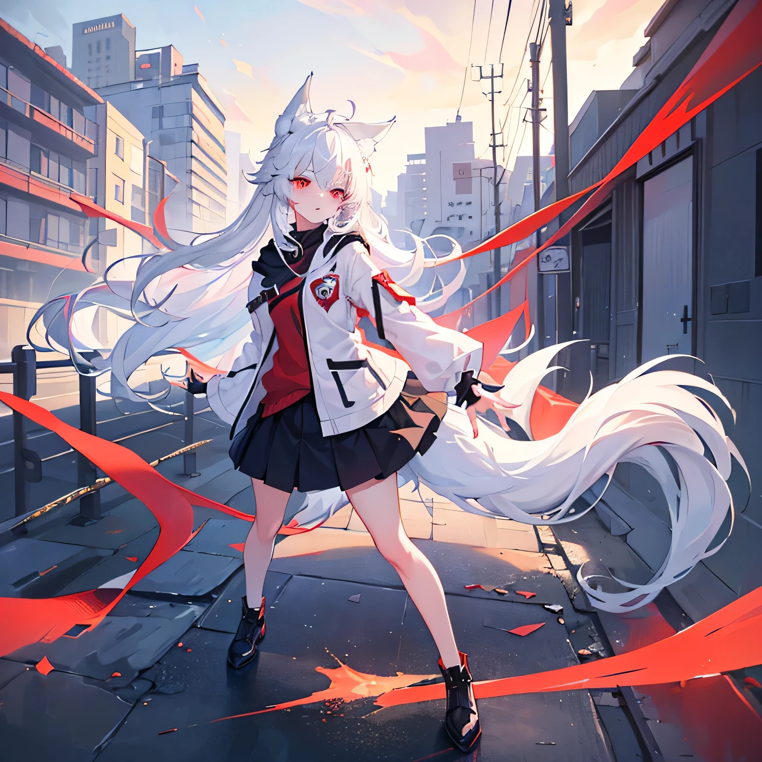 Masterpiece, high quality, girl, one, (wolf ears:1.3), long white hair, frosting, pretty, full body, (empty eyes), (red eyes:1.3), (perfect narrow eyes:1.3). 3), hair disheveled, spring clothes, casual clothes, dynamic angles, dynamic pose, ((shooting)), (feminine:1.4), (charm:1.3), (perfect hands).