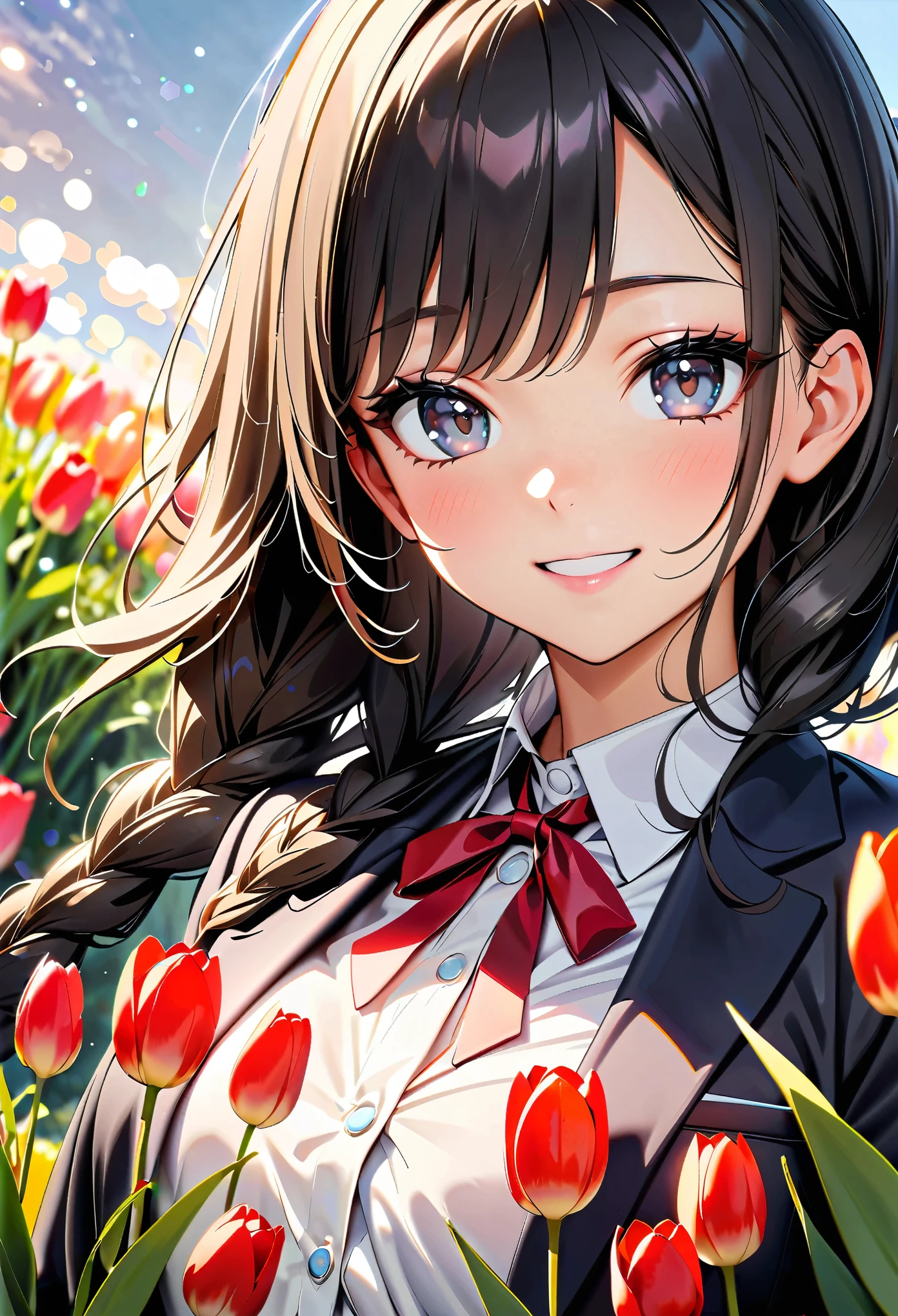 (highest quality:1.2, Very detailed, Ultra-high resolution, masterpiece:1.2, highest quality, Best aesthetics), (((1 girl))), Beautiful woman, , jk, blazer, Collared shirt with red ribbon, Pleated skirt, (Black Hair, Braided Hair, Silver Eyes), Reflection of light, translucent, Fascinating, smile, Watery eyes, Detailed eyes, Delicate, dream-like, Surreal, ((Seasonal flower gardens, Tulips, Lens flare)), Soft Light, Elegant gestures, Shallow depth of field, Bokeh:1.2.