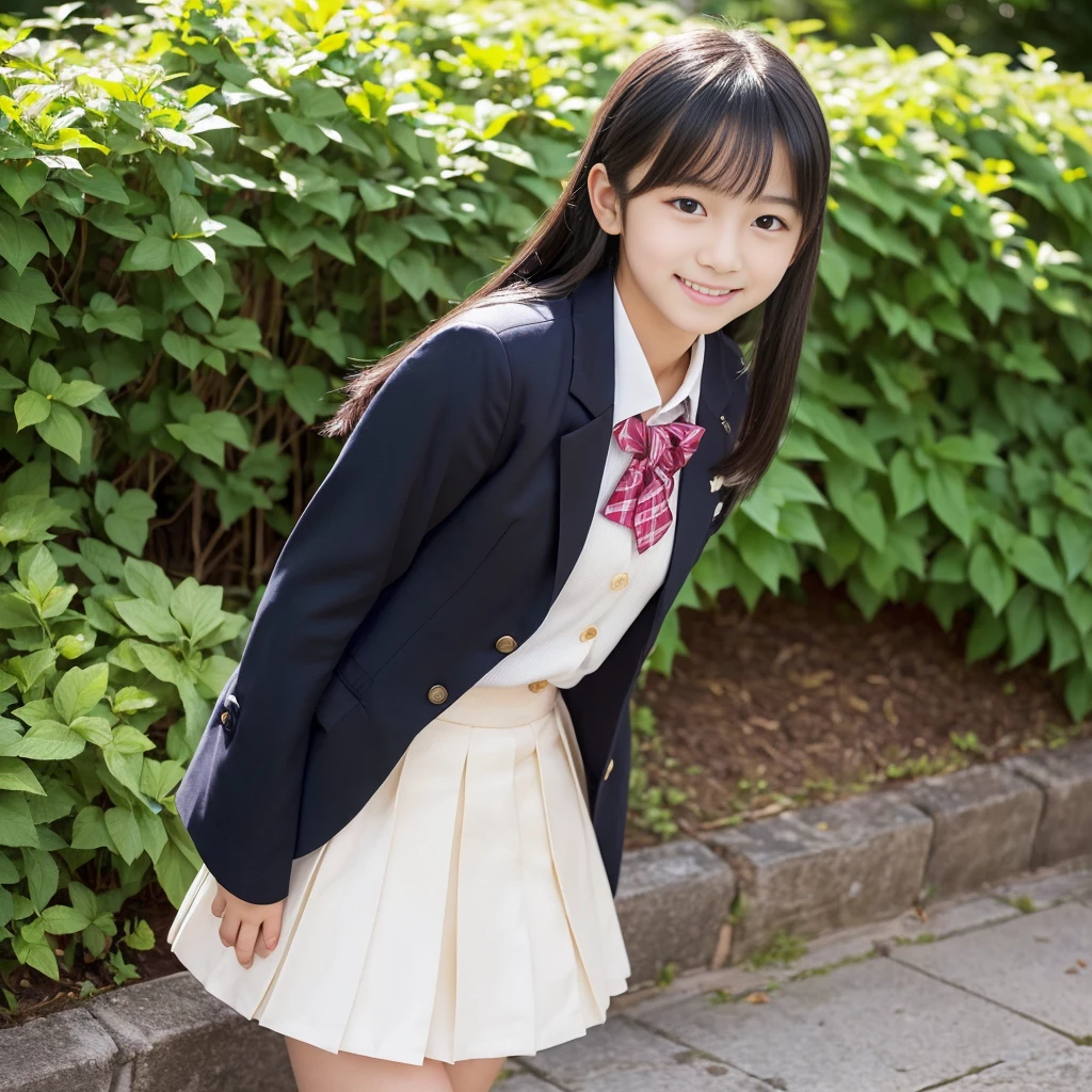 ((8K)),((Japanese)),(:1.6),(innocent face:1.5),(highly detailed face),girl,cute,uniform,blazer,Chak-patterned skirt,garden,black hair,baby face、sm body